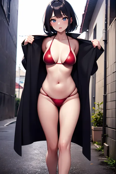 midnight, (1girl, solo:1.1), blown trench coat over red bikini, open the front the coat by myself, covered nipple, exhibitionism, standing, spread legs, foot out of frame, slender, bob cut, dirty back alley, outdoor, (masterpiece, best quality, high resolu...