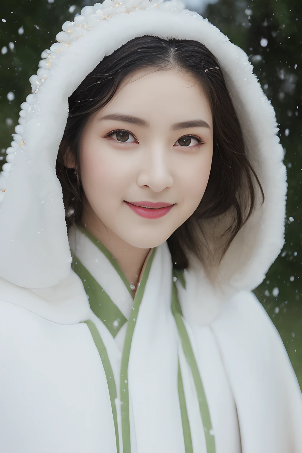 Best quality at best,tmasterpiece,超高分辨率,(photo-realistic:1.4),8K raw photos, A high resolution,Ancient Chinese Hanfu,Beautiful pattern, Colorful embroidery, beautiful eyes in detail, long eyelasher, RAW photogr, face to the viewer, The upper part of the body, Close-up Shot Shot, ((( Landscape background))),(((1girll))),独奏,The upper part of the body, Beautiful hairstyle, hair adornments, Beads, jewelry, No action, Front lighting, ssmile, (looks into camera) , (Winter hanfu), Cloak, (Heavy snow is falling，snow cover)