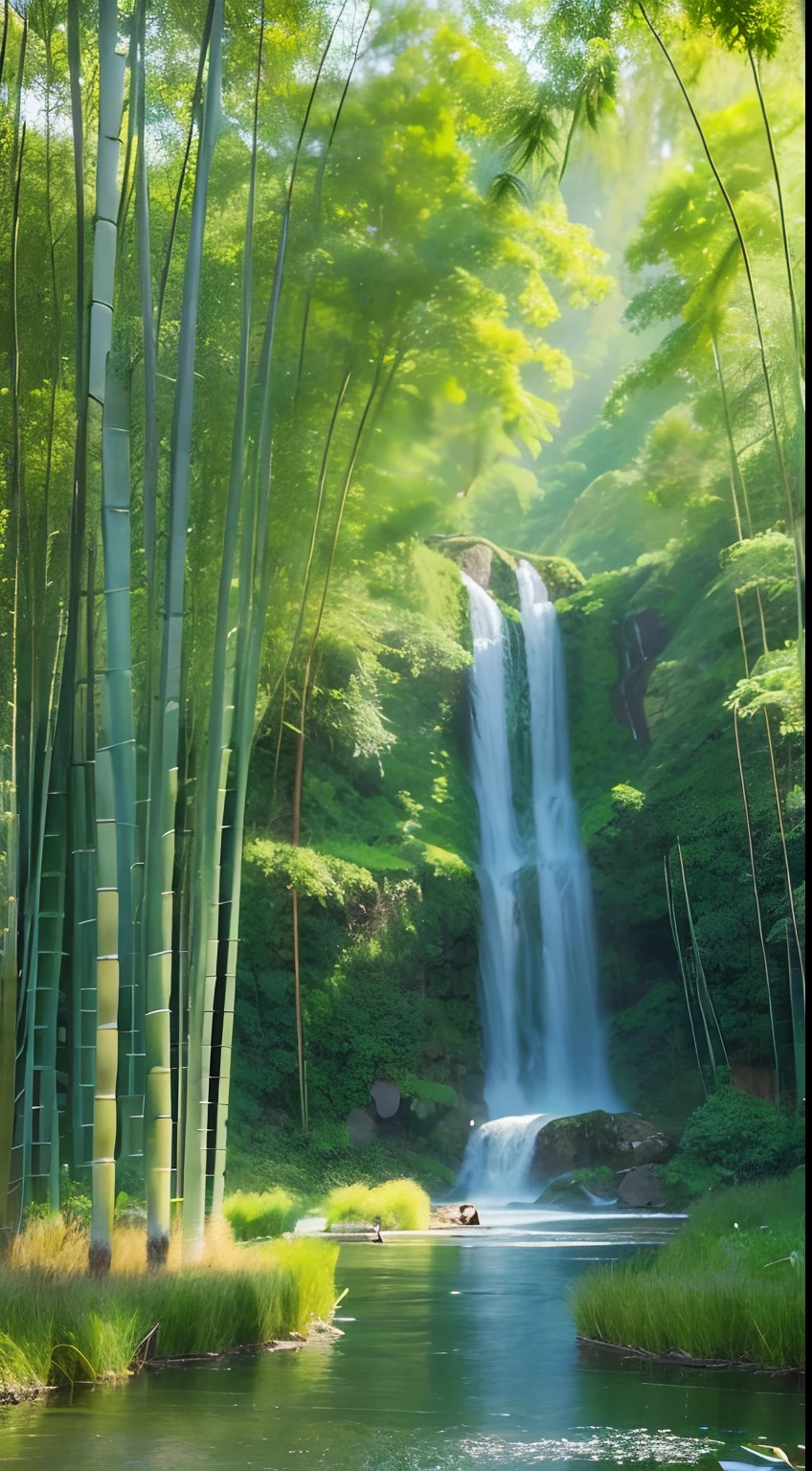 A bamboo forest with a vast field, where colorful birds soar gracefully above, background is sun

Medium: Traditional ink painting

Additional Details: Serene river flowing through the field, gentle breeze rustling the leaves, sunlight filtering through the bamboo canopy, small insects buzzing around the flowers.

Image Quality: (best quality, 4k, highres), ultra-detailed, realistic

Art Style: Traditional Chinese landscape painting

Color Palette: Shades of green for the bamboo, contrasting with the colorful plumage of the birds. Gentle tones of blue for the sky and water.

Lighting: Soft, natural sunlight illuminating the scene, casting subtle shadows amidst the bamboo stalks.