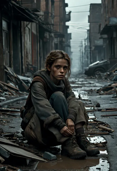 (best quality,4k,8k,highres,masterpiece:1.2),ultra-detailed,(realistic,photorealistic,photo-realistic:1.37),dark,apocalyptic,a girl sitting on the curb,collapsed buildings,debris,litter,pale faces,lost hope,broken windows,muddy streets,abandoned cars,lonel...