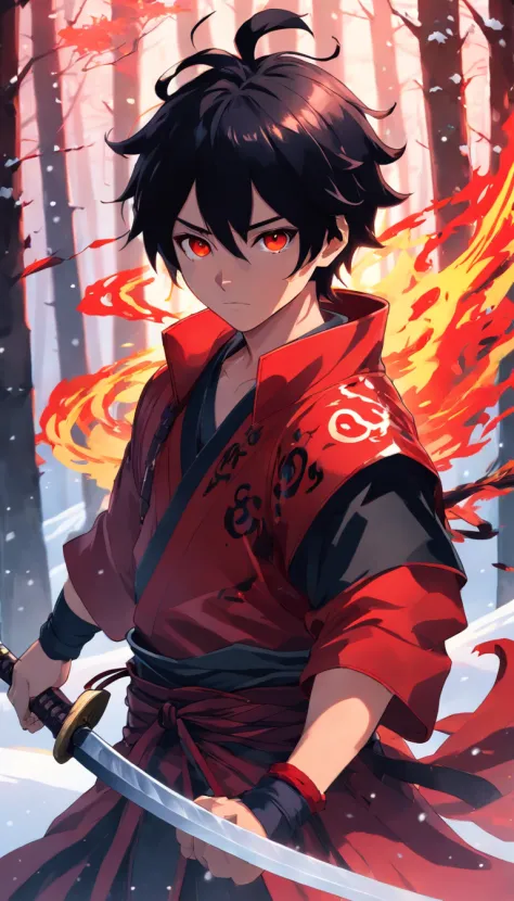 Demon slayer art style , 1 boy , short black messy hair , red eyes , black and red samurai armor , Menpo style Japanese mask , with red and yellow flames , katana on hip , looking off screen , snowy forest background , high quality , masterpiece