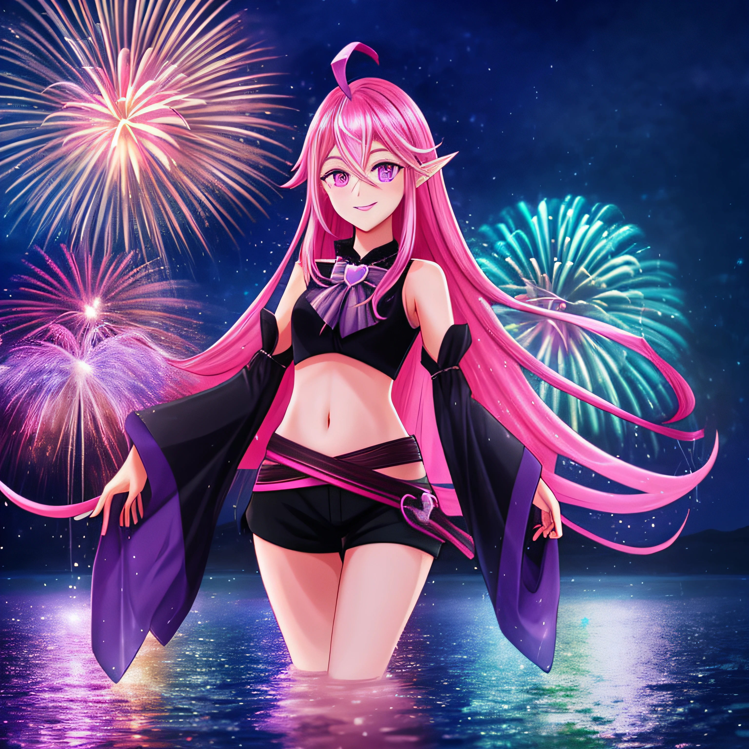 Keera, 1girl, pink hair, hair spread out, hair between eyes, very long hair, bowtie, parted lips, pointy ear, purple eyes, sleeves past wrists, black sleeves, black shorts, belt, detached sleeves, ahoge, heart necklace, navel, smile, looking at viewer, lily \(flower\),(fireworks),(aerial fireworks),firework background,(night),shrine,lake, light reflection \(water\), standing, from below , Colorful colors, surrounded by water bubbles,exaggerated perspective, Tyndall effect, water drops, mother - of - pearl iridescence, Holographic white,