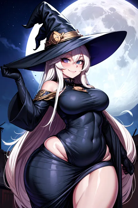 smile, looking at viewer, full moon, night, witch hat, gigantic breasts, wide hips, small clothes, tight clothes