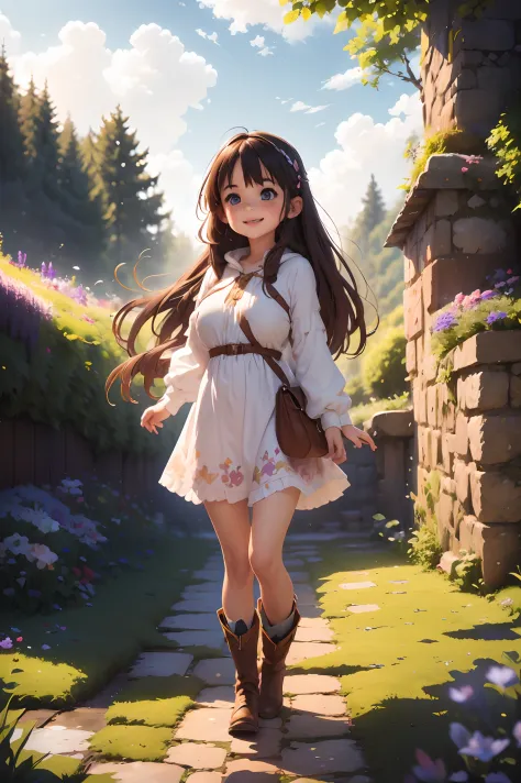 Best quality, (Masterpiece:1.2), illustration, absurderes,  (1girll, Solo), (Beautiful detailed girl),, Aeolia, Lilac hair, long whitr hair,  cheerfulness, cheerful big breasts,  shift dresses, coat large, (fantasy:1.1) (medieval:1.1) Outfit,, White shirt,...