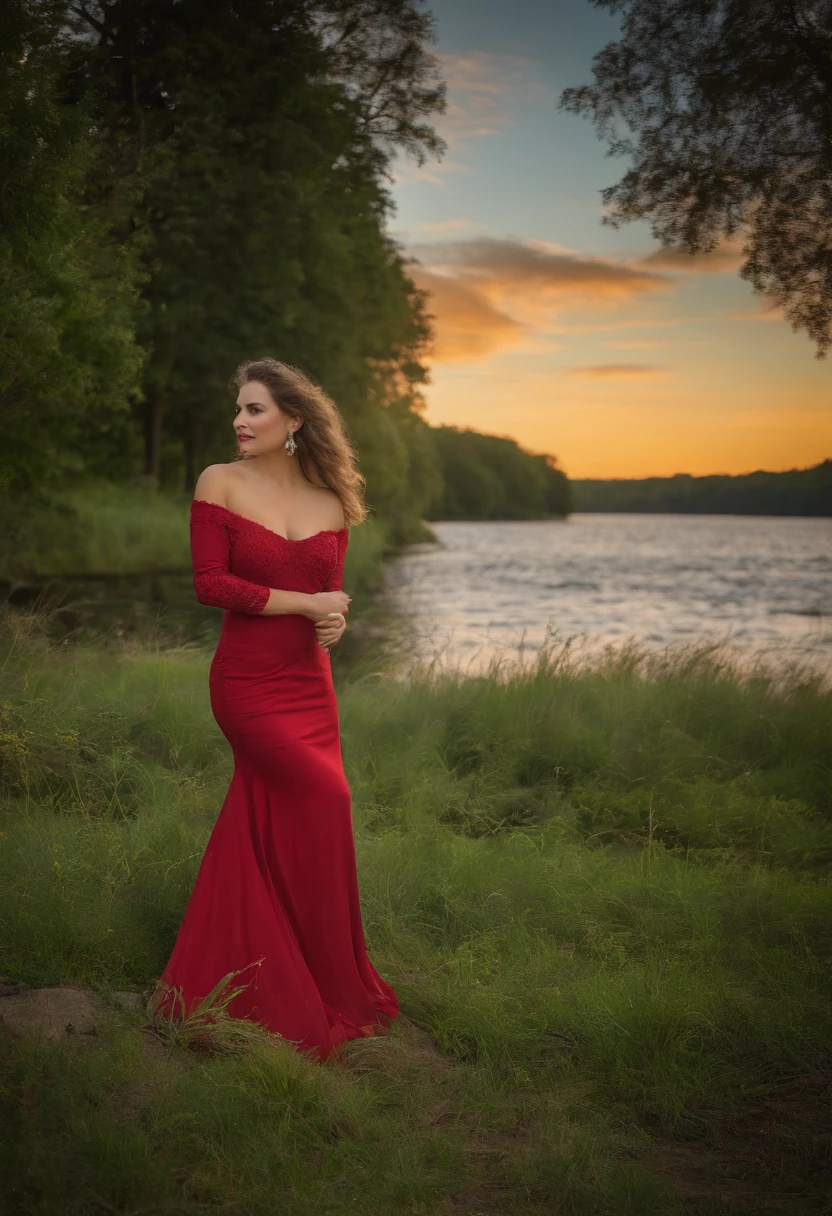 A woman in a red dress standing in front of a lake - SeaArt AI