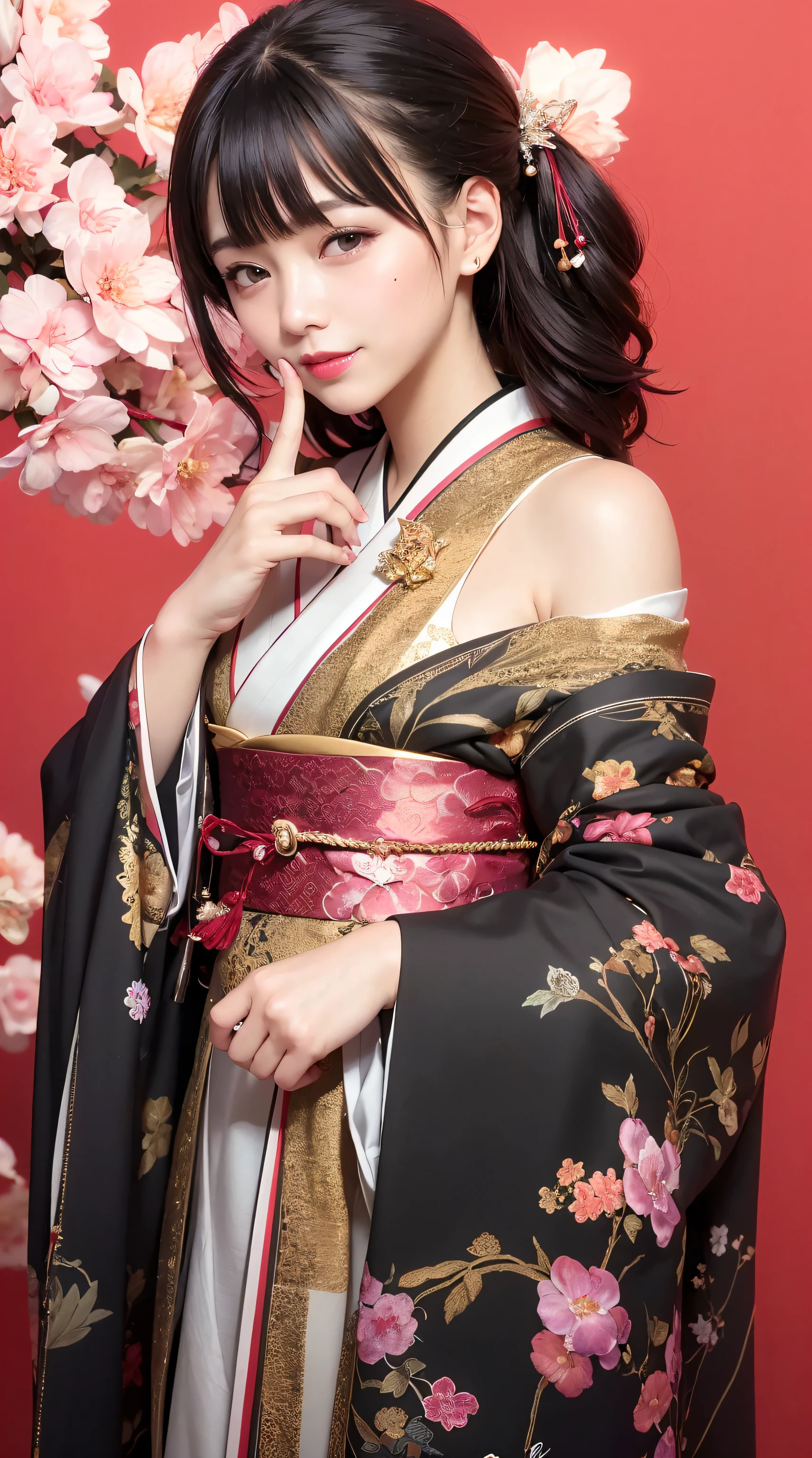 beste Qualität, Meisterwerk, ultrahohe Auflösung, Roh, 8k, ultra-realistisch, Mädchen, schulterfrei, lächeln, natürliches Licht, detaillierte Haut, (Schwarzes Haar:1.4), roter Lippenstift, (Bangs:1.2), ((Sakura-Hintergrund)), Außergewöhnlich schöne Augen, Kimono tragen_Kleidung, roter Kimono
