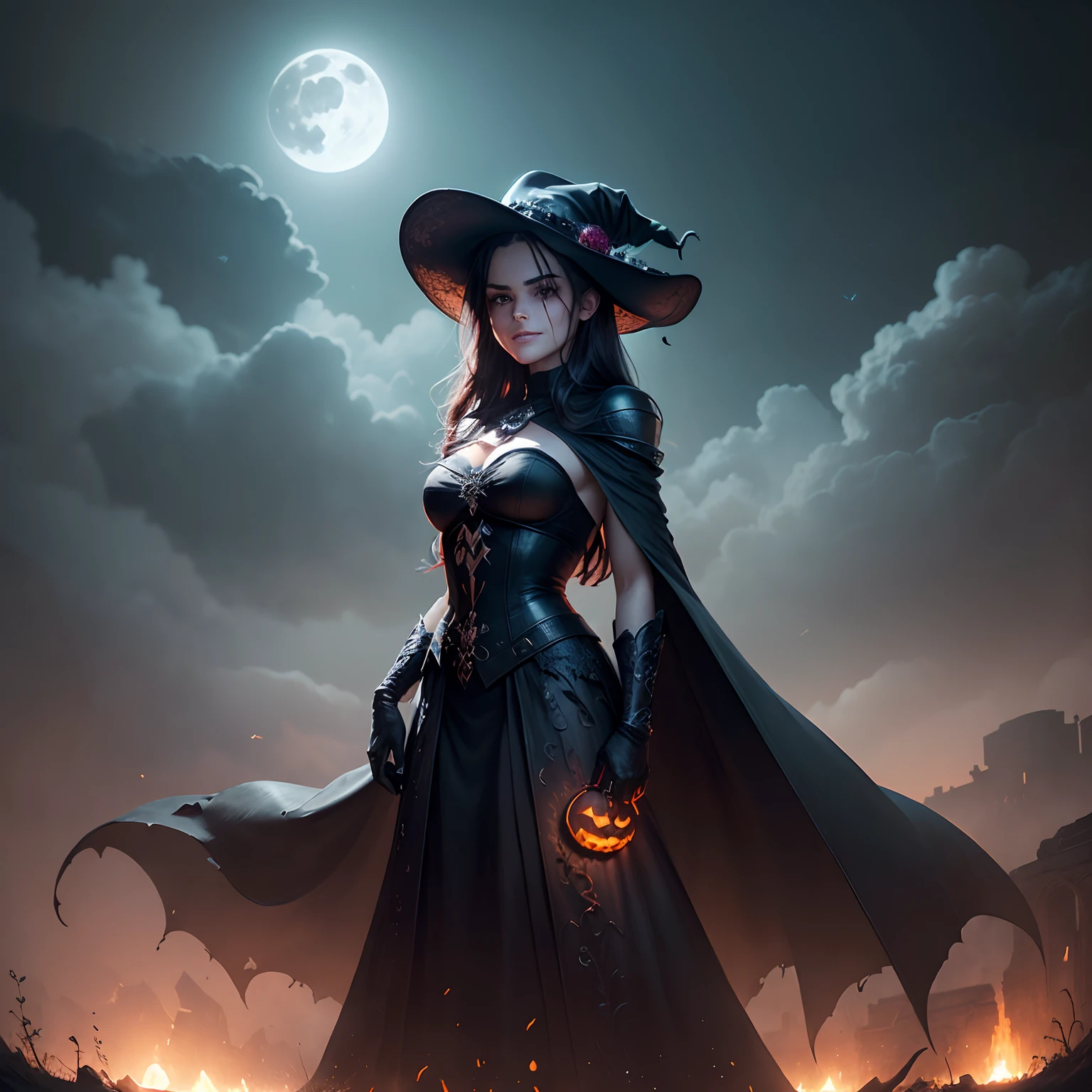 A woman in a witch costume standing in front of a full moon - SeaArt AI