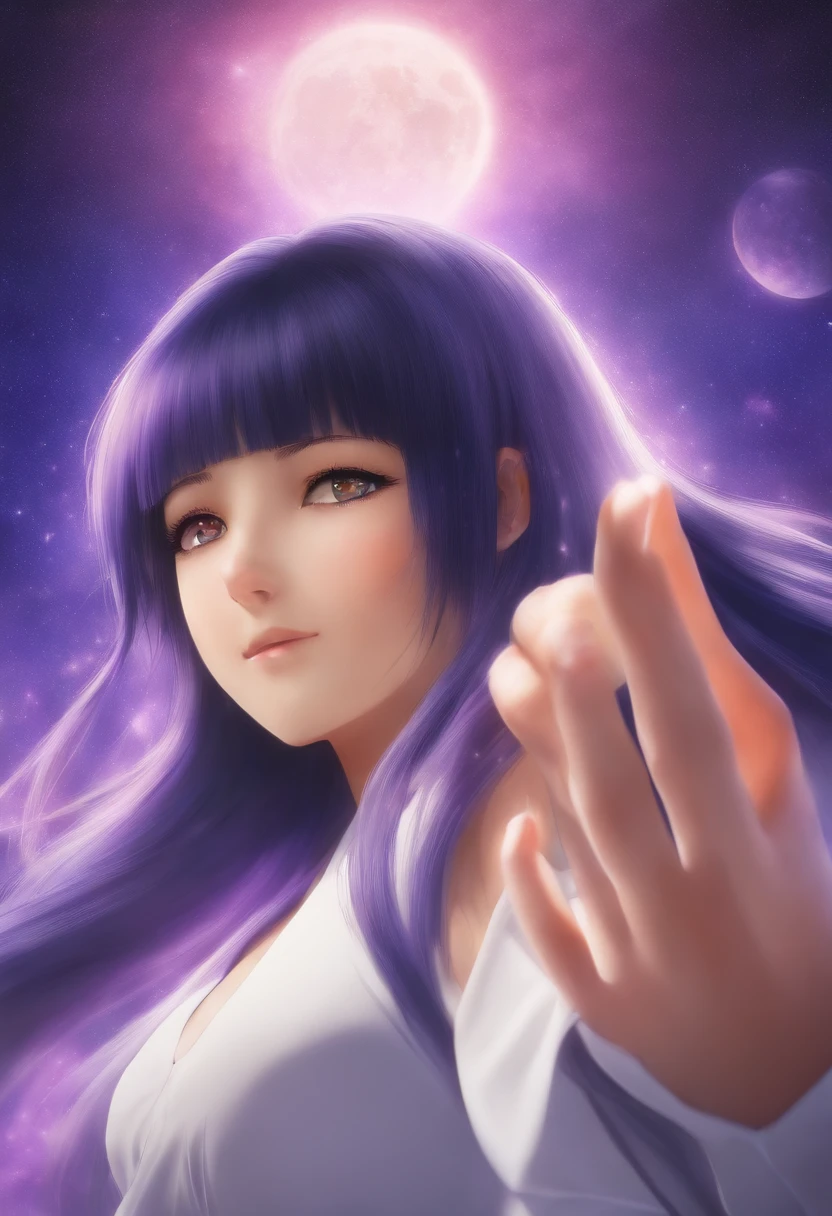 Anime girl with purple hair and purple eyes holding up her hand - SeaArt AI