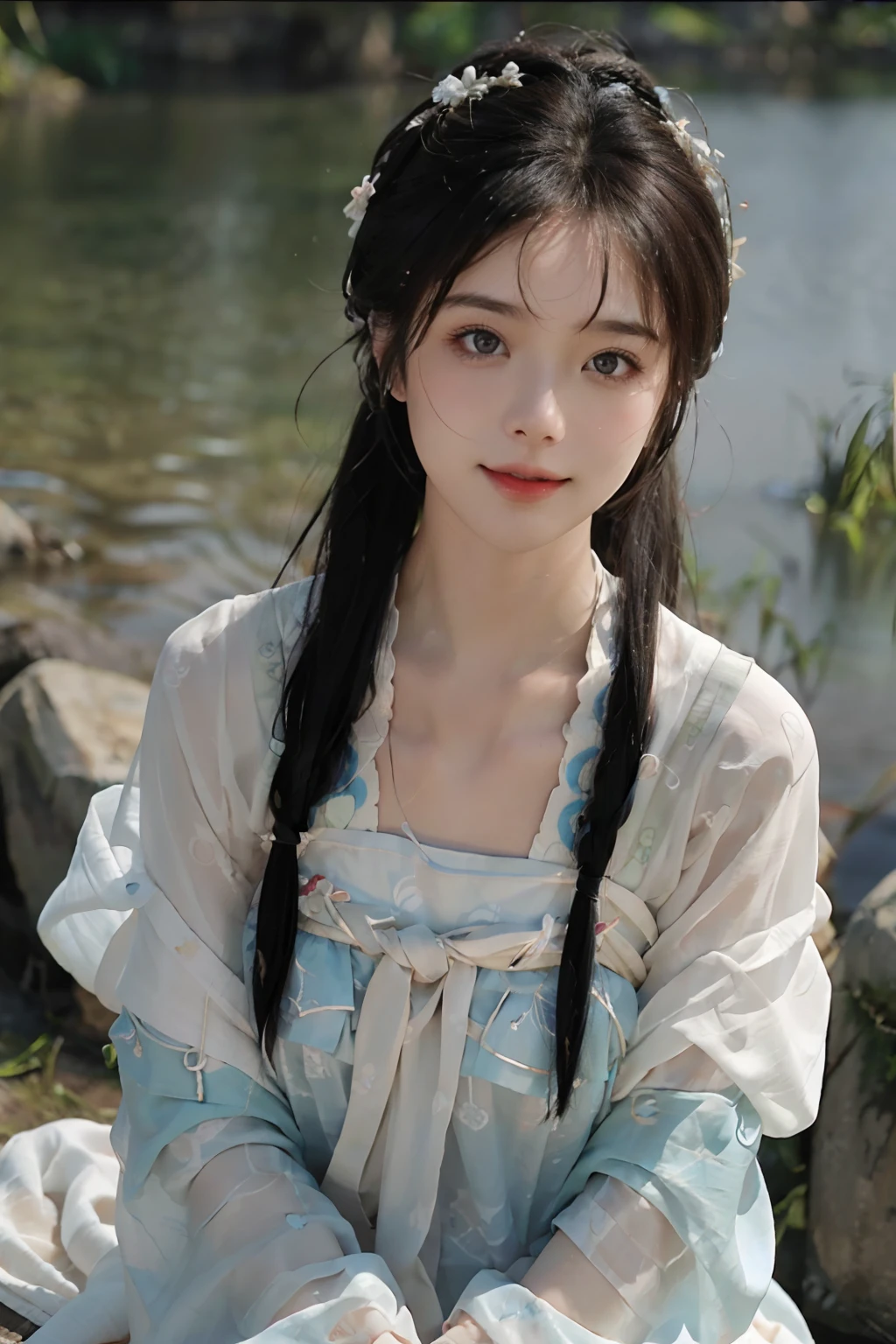 Best quality at best,tmasterpiece,超高分辨率,(photo-realistic:1.4),8K raw photos, A high resolution,Ancient Chinese white Hanfu,Beautiful pattern, Colorful embroidery, beautiful eyes in detail, long eyelasher, RAW photogr, face to the viewer, The upper part of the body, Close-up Shot Shot, ((( Landscape background))),(((1girll))),独奏,The upper part of the body, Beautiful hairstyle, hair adornments, Beads, jewelry, No action, Front lighting, ssmile, (looks into camera)