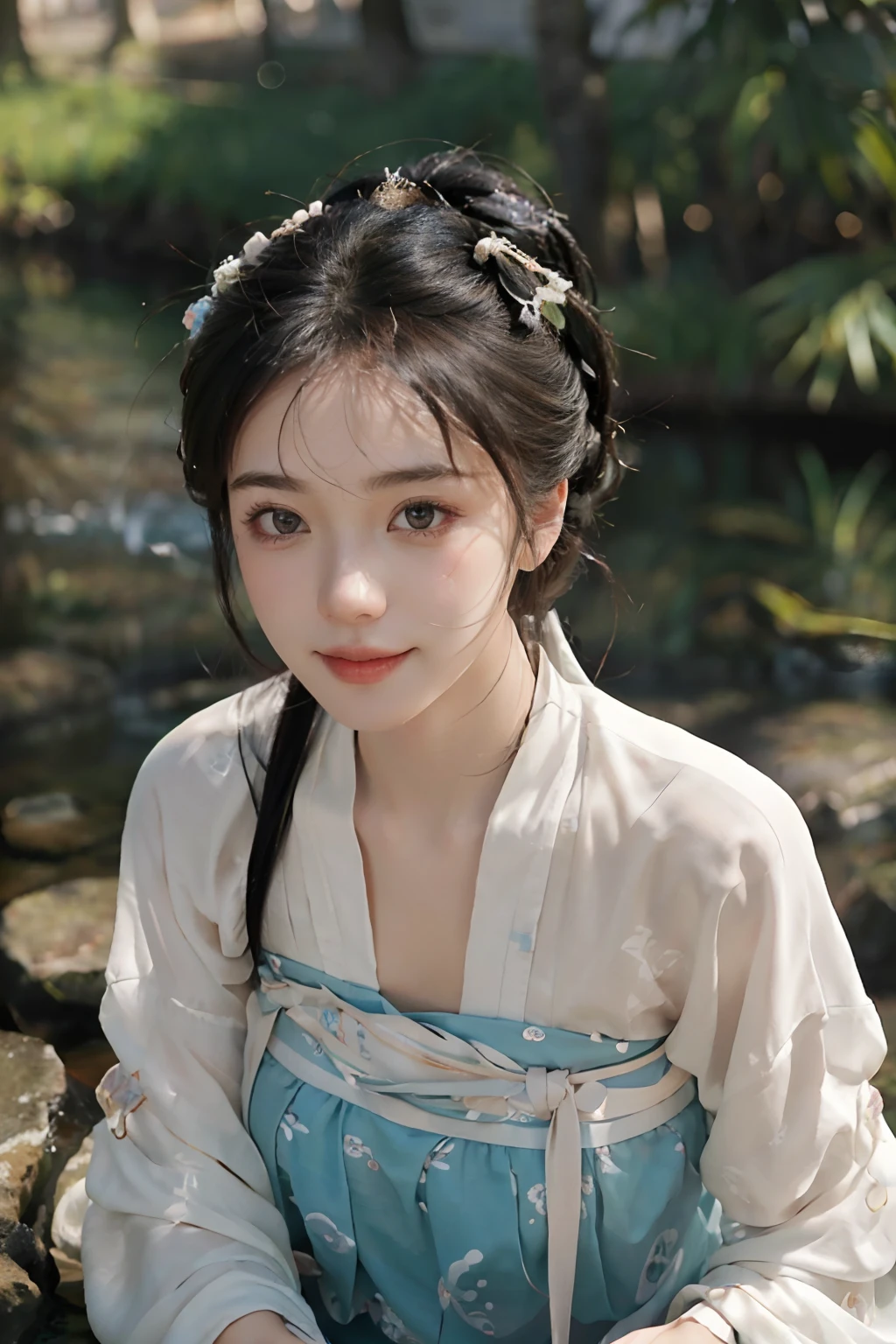 Best quality at best,tmasterpiece,超高分辨率,(photo-realistic:1.4),8K raw photos, A high resolution,Ancient Chinese white Hanfu,Beautiful pattern, Colorful embroidery, beautiful eyes in detail, long eyelasher, RAW photogr, face to the viewer, The upper part of the body, Close-up Shot Shot, ((( Landscape background))),(((1girll))),独奏,The upper part of the body, Beautiful hairstyle, hair adornments, Beads, jewelry, No action, Front lighting, Character edge light, ssmile, (looks into camera)