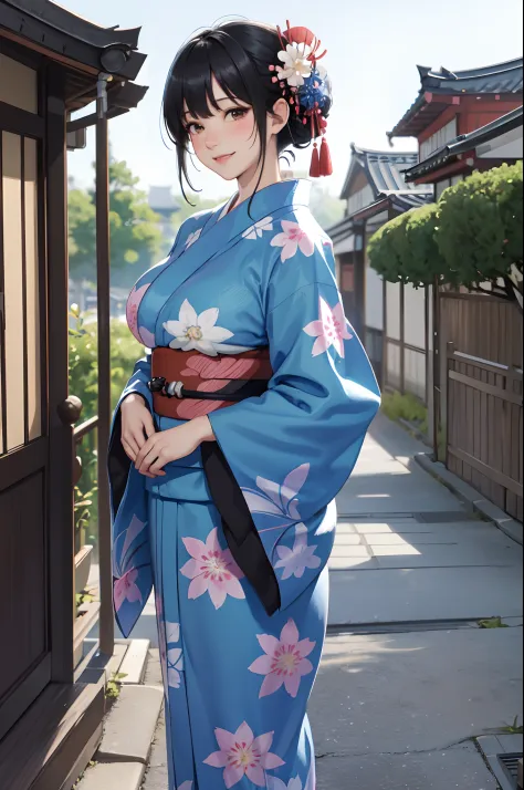 1lady standing, /(floral yukata blue/), mature female, /(black hair/) bangs, blush kind smile, (masterpiece best quality:1.2) delicate illustration ultra-detailed, large breasts BREAK /(streets of Kyoto/) detailed background