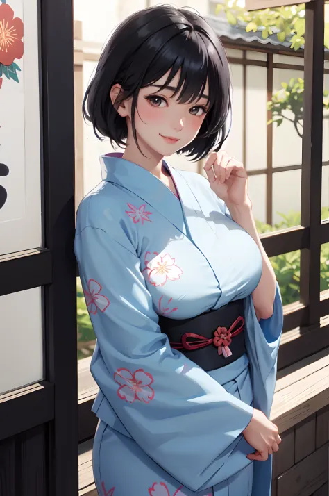 1lady standing, /(floral yukata blue/), mature female, /(black hair/) bangs, blush kind smile, (masterpiece best quality:1.2) delicate illustration ultra-detailed, large breasts BREAK /(streets of Kyoto/) detailed background