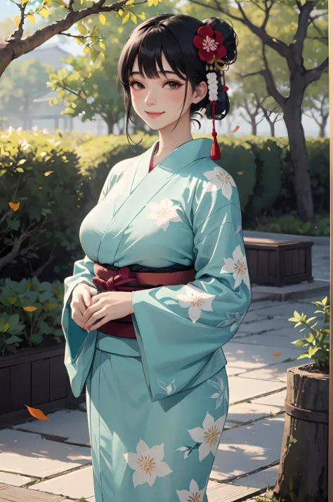 1lady standing, /(floral yukata green/), mature female, /(black hair/) bangs, blush kind smile, (masterpiece best quality:1.2) delicate illustration ultra-detailed, large breasts BREAK /(garden of Kyoto/) trees fallen leaves, detailed background
