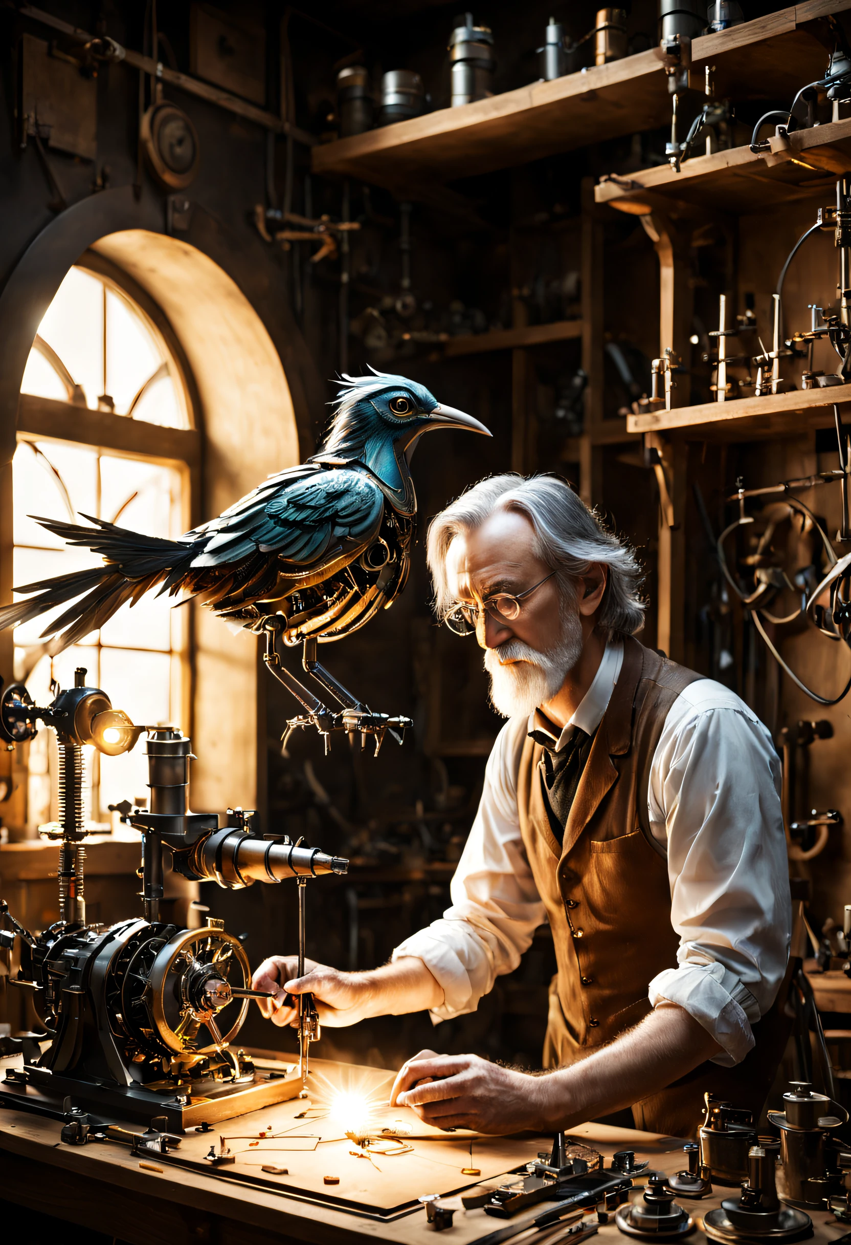 A scientist creating a mechanical bird in a workshop. He is putting the last parts into it. Tolkien-style magical atmosphere.