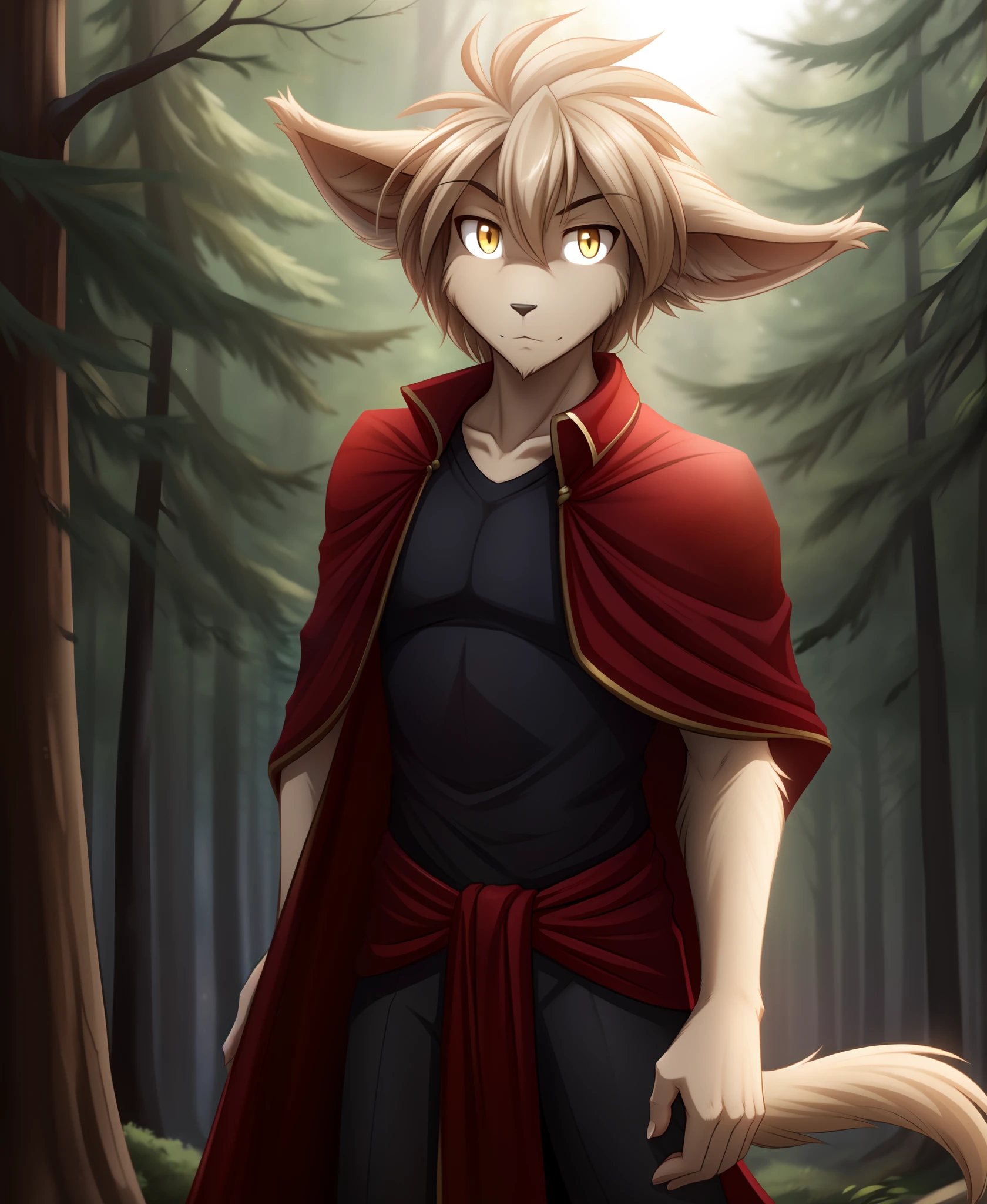 Keith Keiser, keith, Basitin, twokinds, by tom_fischbach,, (best quality, masterpiece:1), solo, furry male anthro, yellow eyes, medium hair, Light Brown hair, body Light Brown, portrait, fingers, finger claws, looking at viewer, tail, long ear down, (outdoors dark forest trees blurry blurred background:1.1),, black shirt, red cape