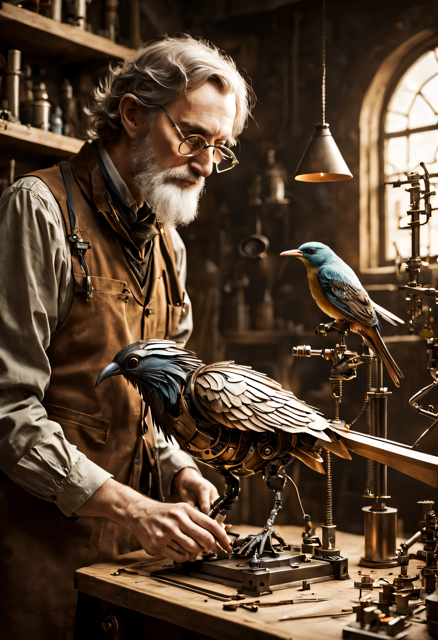 Un científico creando un pájaro mecánico en un taller.. Él está poniendo las últimas partes en él.. Atmósfera mágica al estilo Tolkien.