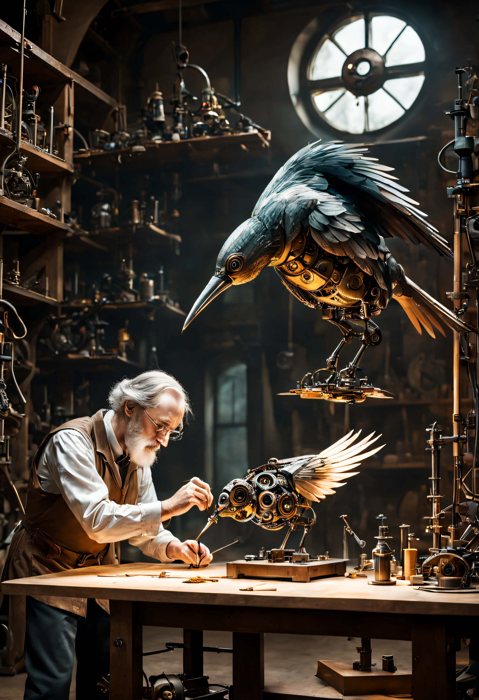 Um cientista criando um pássaro mecânico em uma oficina. Ele está colocando as últimas partes nele. Atmosfera mágica ao estilo de Tolkien.