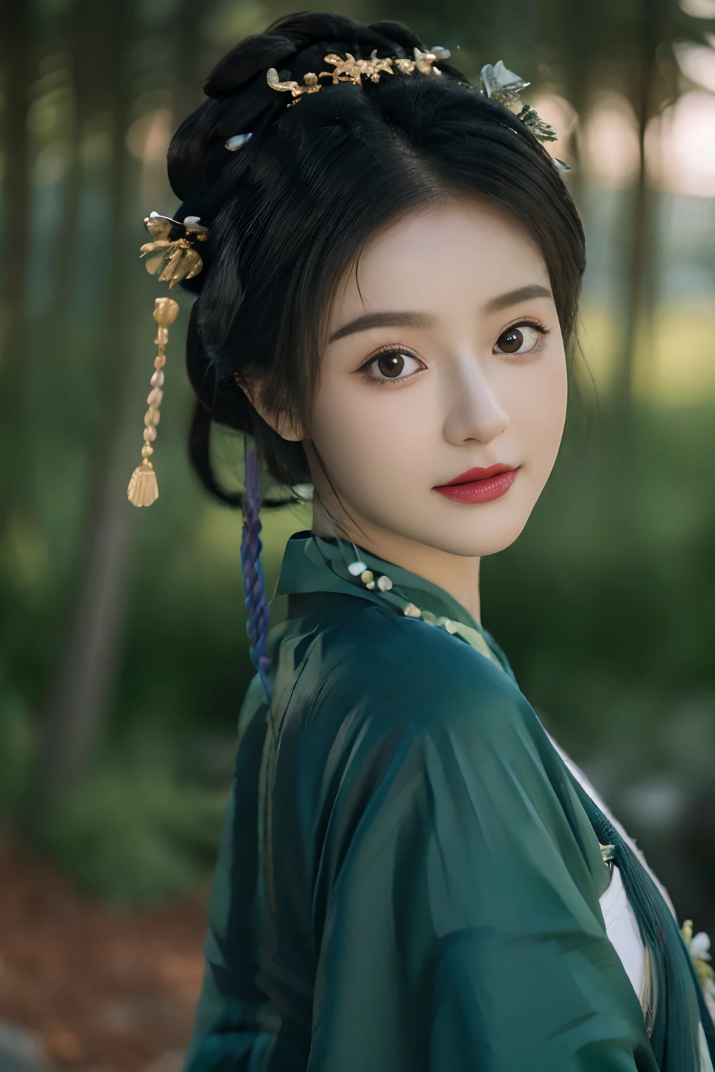 Best quality at best,tmasterpiece,超A high resolution,(photo-realistic:1.4),8k, RAW photogr, A high resolution, (((1girll, half-body portrait))), solo, Ancient Chinese green Hanfu, Beautiful pattern, embroidered clothing, beautiful eyes in detail, long eyelasher, RAW photogr, face to the viewer, Close-up Shot Shot, ((( Landscape background))), The upper part of the body, ssmile, Beautiful hairstyle, hair adornments, beads, jewelry, ((No action))