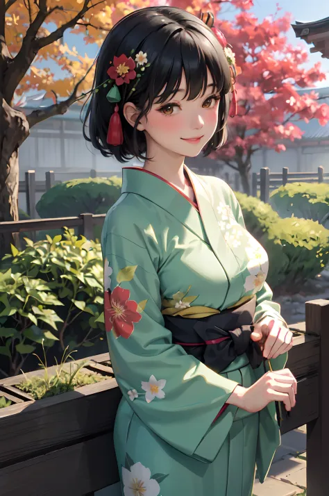1lady standing, /(deep green yukata floral/), mature female, /(black hair/) bangs, blush kind smile, (masterpiece best quality:1.2) delicate illustration ultra-detailed, large breasts BREAK /(garden of Kyoto/) trees autumn foliage, detailed background