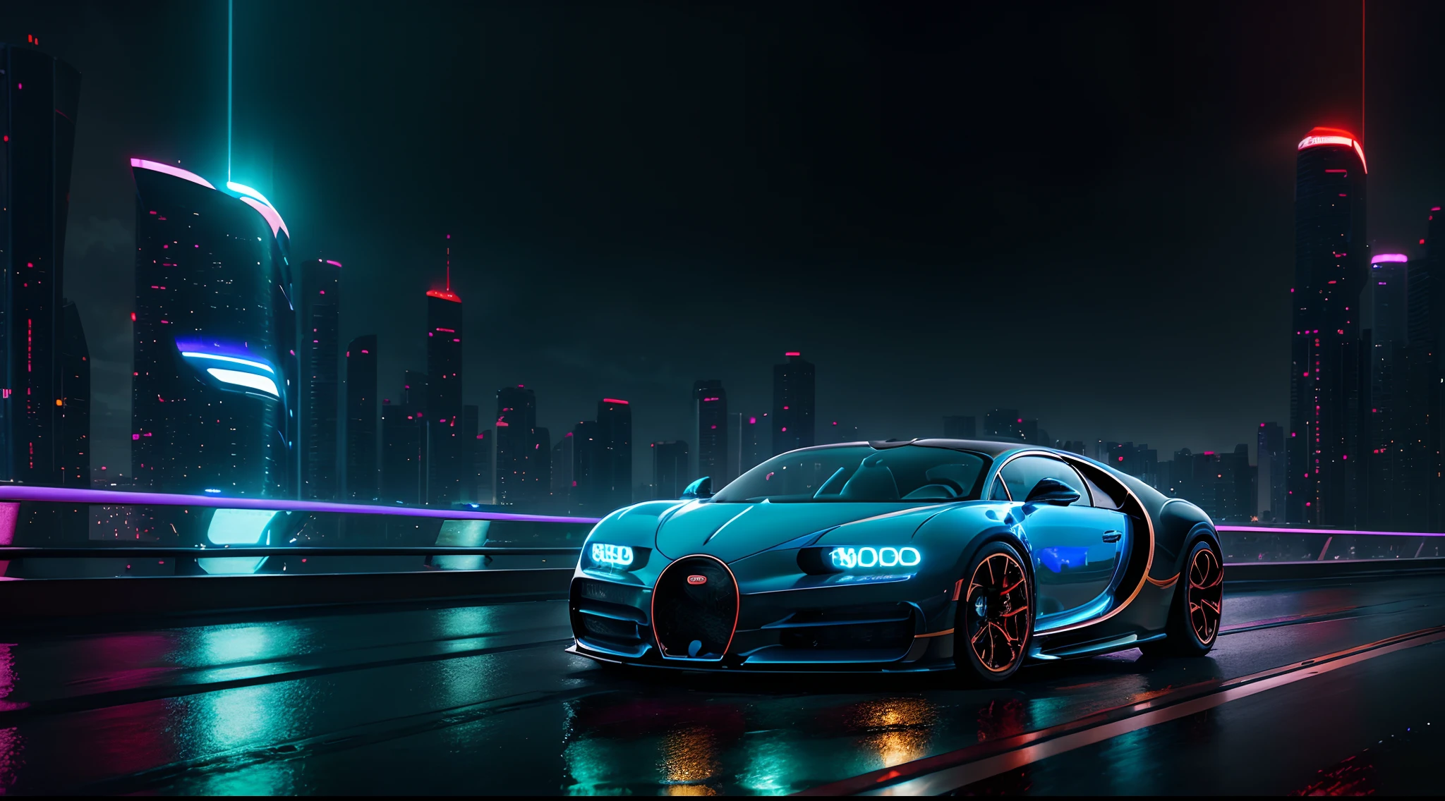 A stunning Bugatti Chiron parked in a futuristic neon-lit cityscape ...