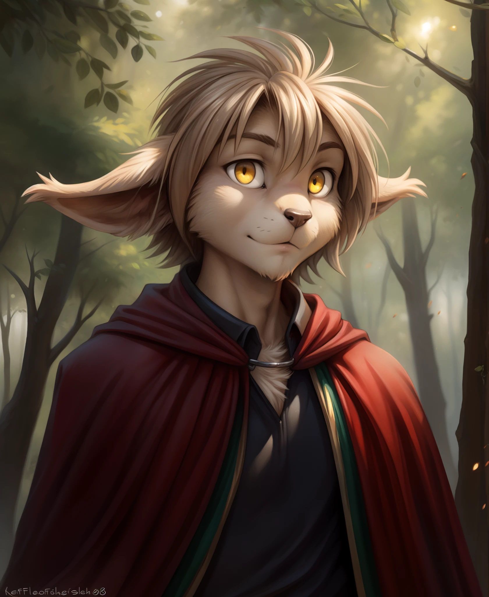 by kenket, by totesfleisch8, (by thebigslick, by silverfox5213:0.8), (by syuro:0.2),, Keith Keiser, keith, Basitin, twokinds, by tom_fischbach,, (best quality, masterpiece:1), solo, furry male anthro, yellow eyes, medium hair, Light Brown hair, body Light Brown, portrait, fingers, finger claws, looking at viewer, tail, long ear down, (outdoors dark forest trees blurry blurred background:1.1),, black shirt, red cape