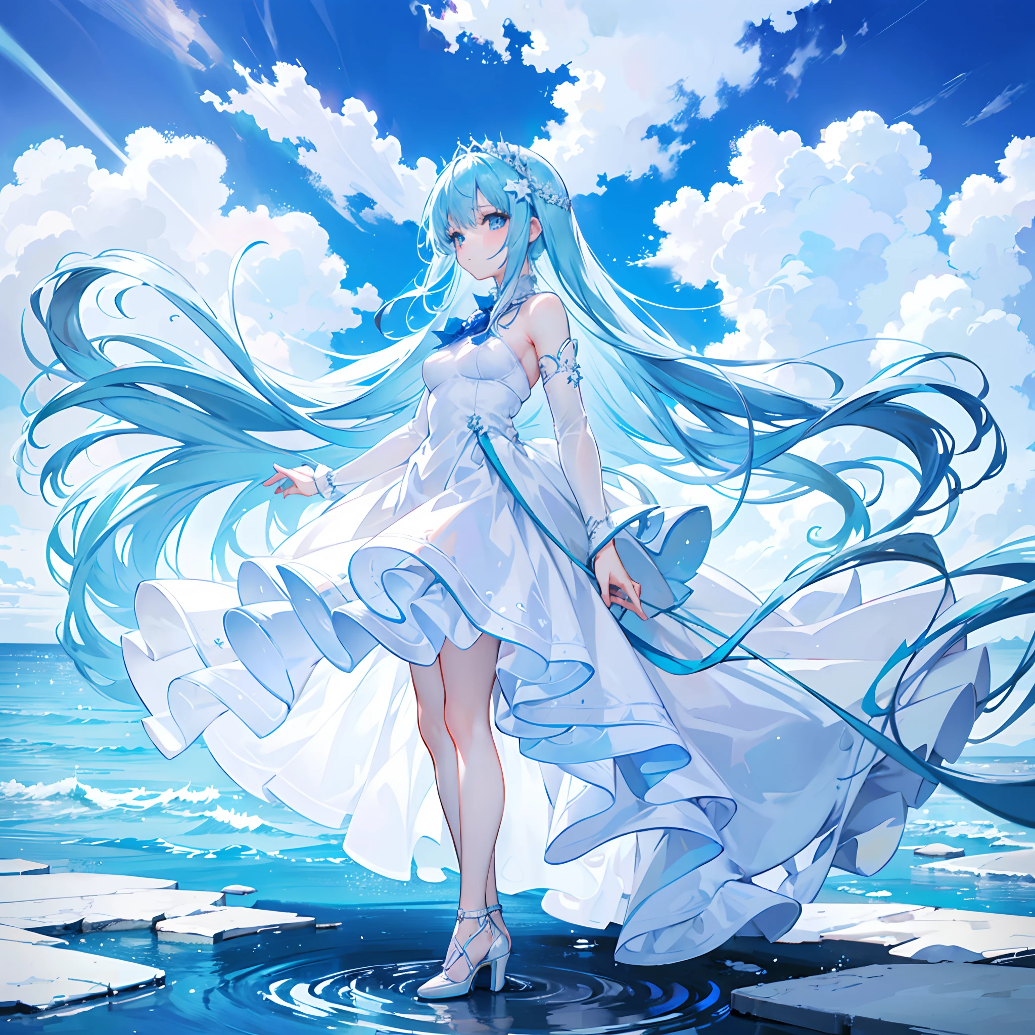 Cold girl White pupils Aqua blue hair Long hair Cold expression，adolable，teens girl，White gorgeous beautiful dress，Wearing white high heels on his feet，Standing on the surface of the sea，standing on water，Photo from the side，All body，Fingers and arms are not exposed，background ocean，with blue sky and white clouds，，Happy expression
Wait for it to start