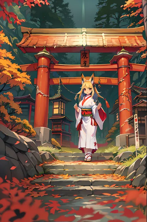 Fox Woman、body covered with fur、huge-breasted、kawaii、shrine maiden、Japan white clothes,Red Hakama、torii gate,((High Position))、A...