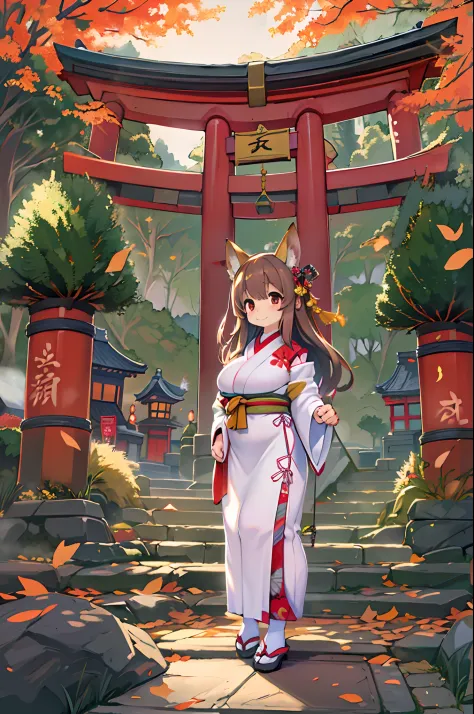 Fox Woman、body covered with fur、huge-breasted、kawaii、shrine maiden、Japan white clothes,Red Hakama、torii gate,((High Position))、A...