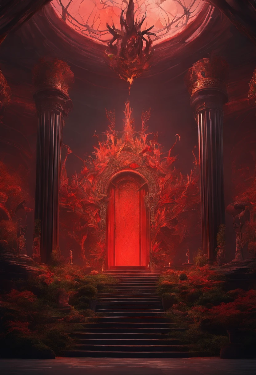 royal hall, A throne, Thorn plants, Dark light, Empty room, Gloomy composition, Black and Red Throne, Thorny plants around the throne, Close-up of the throne.Humanity sits on the throne，The robot surrenders under the throne