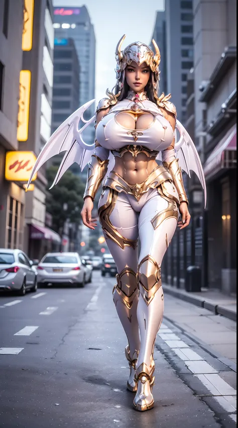 1GIRL, SOLO, (DRAGON HORN HELMET), (HUGE FAKE BOOBS:1.3), (WHITE, GOLD, PURPLE), (FUTURISTIC MECHA CROP TOP, A PAIR HUGE MECHANICAL WINGS, CLEAVAGE:1.4), (SKINTIGHT YOGA PANTS, HIGH HEELS:1.2), (SEXY BODY, MUSCLE ABS, LONG LEGS, FULL BODY VIEW:1.5), (LOOKI...
