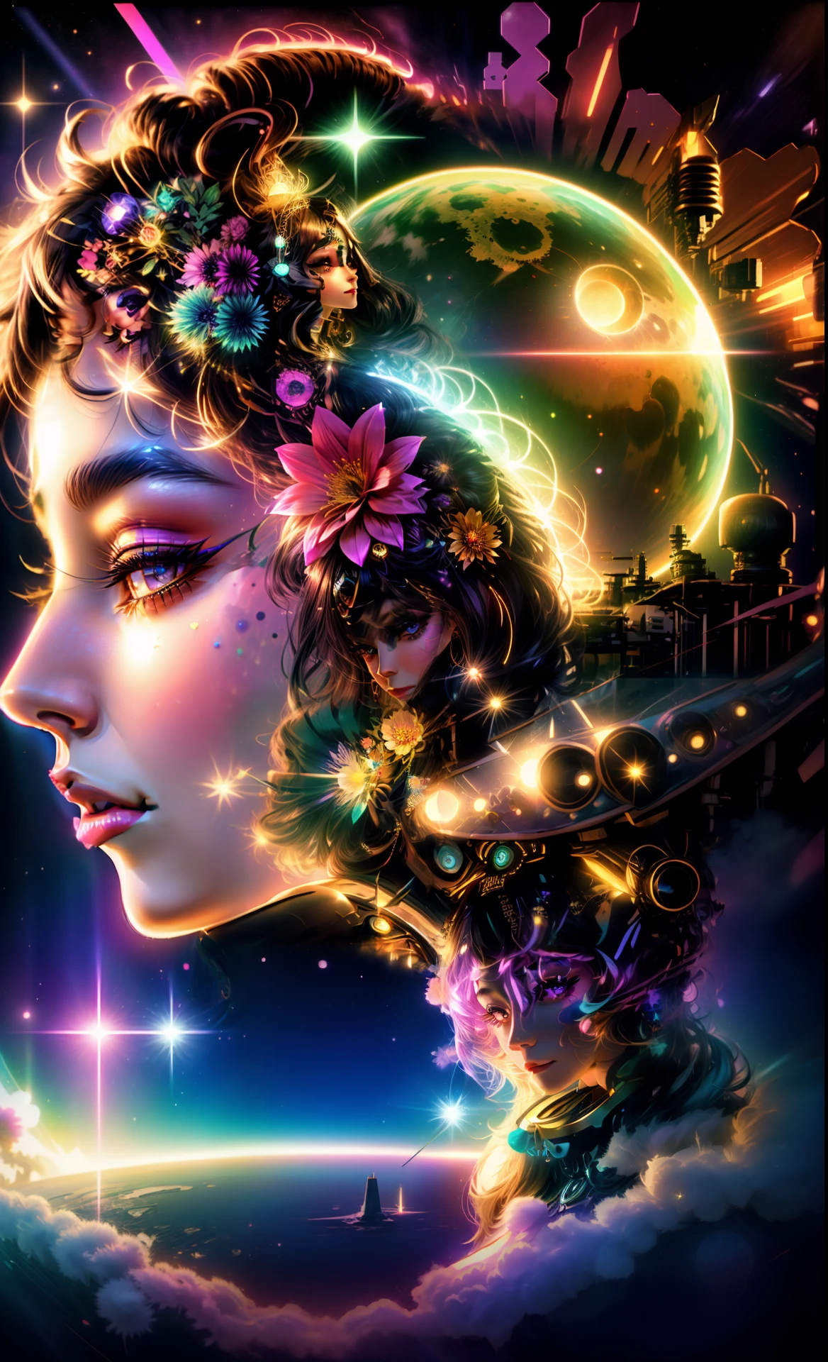 eine Frau mit einem Mond und Blumen im Haar, Gesicht verschmilzt mit dem Universum, psychedelische surreale Kunst, Porträt einer kosmischen Göttin, psychedelische Göttin, Tolle digitale Kunst mit Details, wunderschöne digitale Kunst, bela arte digital, Surrealismus Ästhetik, digitales Kunstbild, Göttin des Raumes und der Zeit, kosmisch und farbenfroh, Fantasy-Digitalkunst, Traumgesicht, schöne schöne digitale Kunst