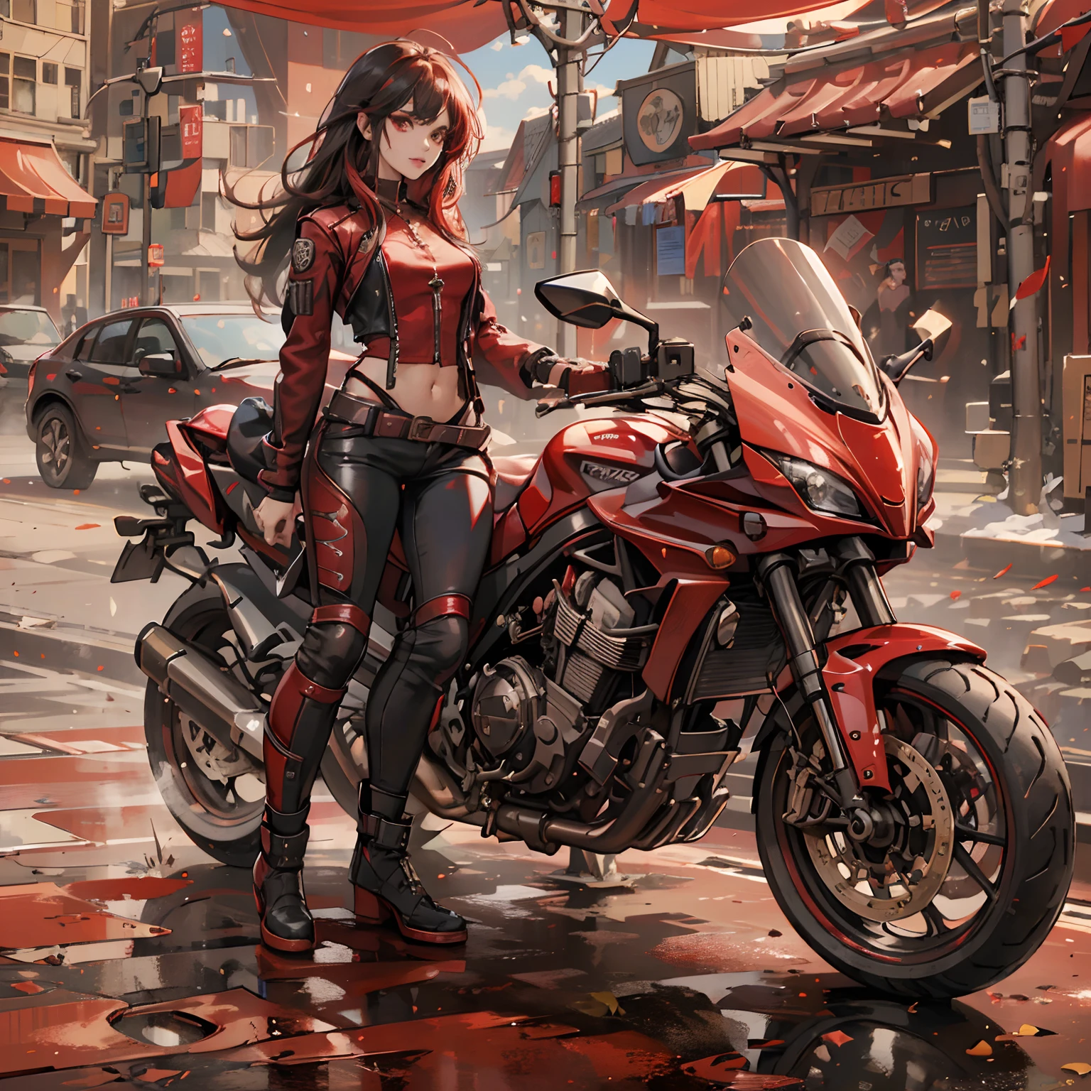 (Best Quality,4K,High resolution)、Woman riding a motorcycle in red metallic color、Long straight hair with red highlights on black hair、Red Eyes、sharp eye、Red Eyeliner、Red jacket with intricate décor、Navel in black tank top、cross belt、Tight leather pants