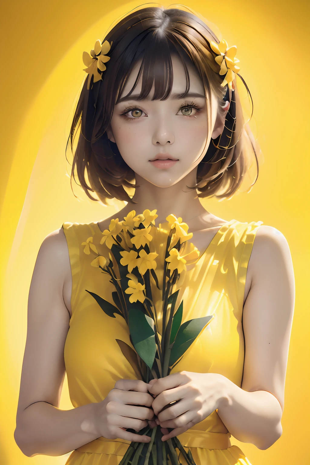 (((Yellow background:1.3)))、((Bouquet of yellow flowers、large bouquet of yellow flowers,,Have a large bouquet of yellow flowers:1.5))、Best Quality, masutepiece, High resolution, (((1girl in))), sixteen years old,(((Yellow eyes:1.3)))、yellow dress、Yellow hair、a short bob、((Yellow shirt:1.3、Yellow Block Dress)), Tindall Effect, Realistic, Shadow Studio,Ultramarine Lighting, dual-tone lighting, (High Detail Skins: 1.2)、Pale colored lighting、Dark lighting、 Digital SLR, Photo, High resolution, 4K, 8K, Background blur,Fade out beautifully、Yellow World