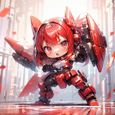 masterpiece, best quality, extremely detailed, anime, a mecha musume, (red hair), full body, battle pose, deformed, chibi character,