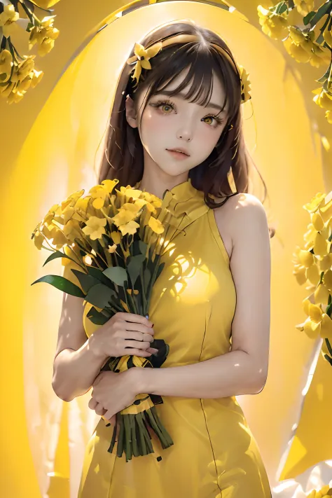 (((Yellow background:1.3)))、((Bouquet of yellow flowers、large bouquet of yellow flowers,,,have a large bouquet of yellow flowers...