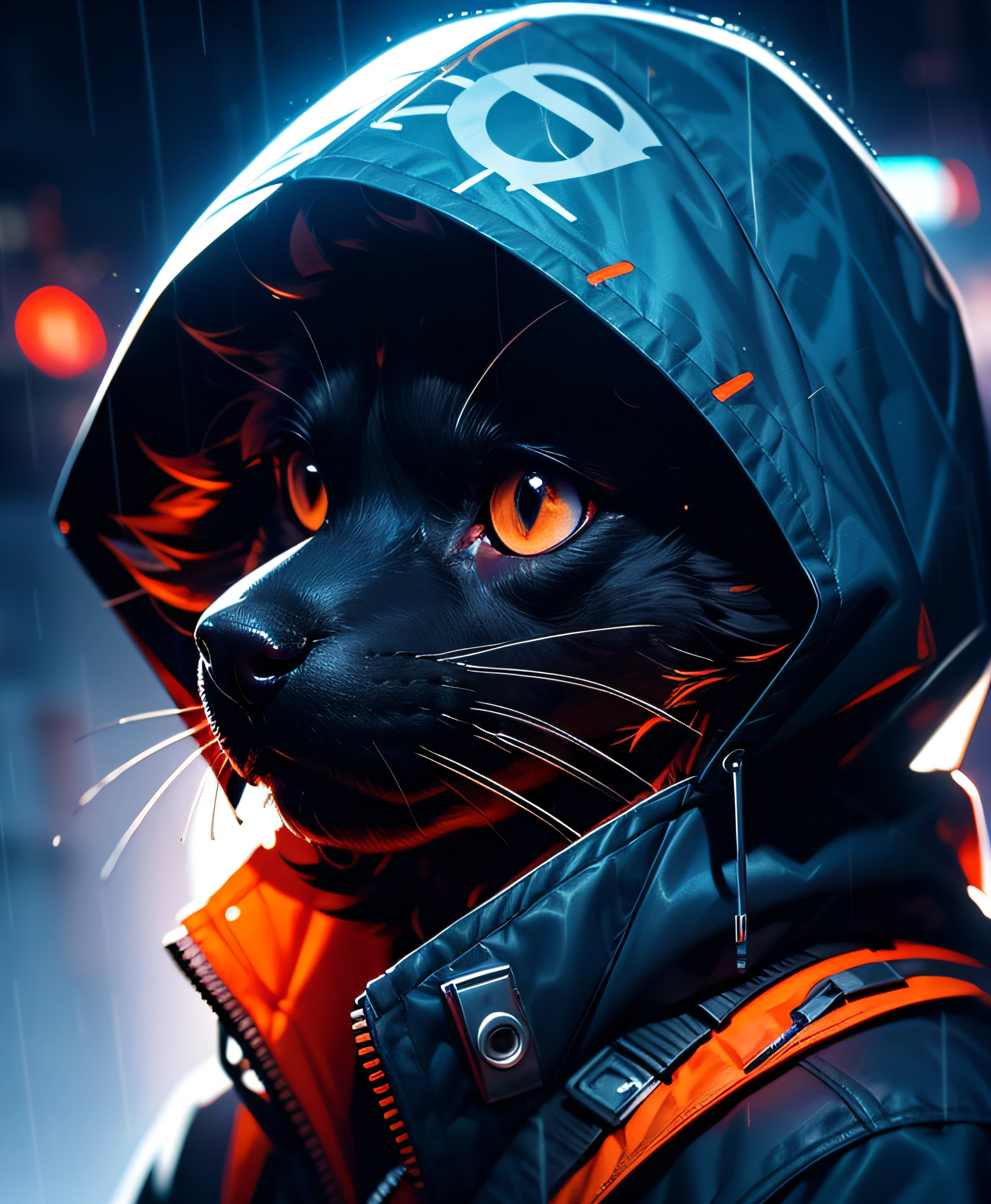 masutepiece, Best Quality, Solo, Rain, hoods, Furry, Hood Up, Jacket, Upper body, hooded jacket, Closed mouth, whiskers, raincoat, Labrador Retriever Dog, Furry, Sagged ears, brue eyes, Portrait,masutepiece, Best Quality,Black trench coat，Orange pattern，White mask，Cyberpunk Personality