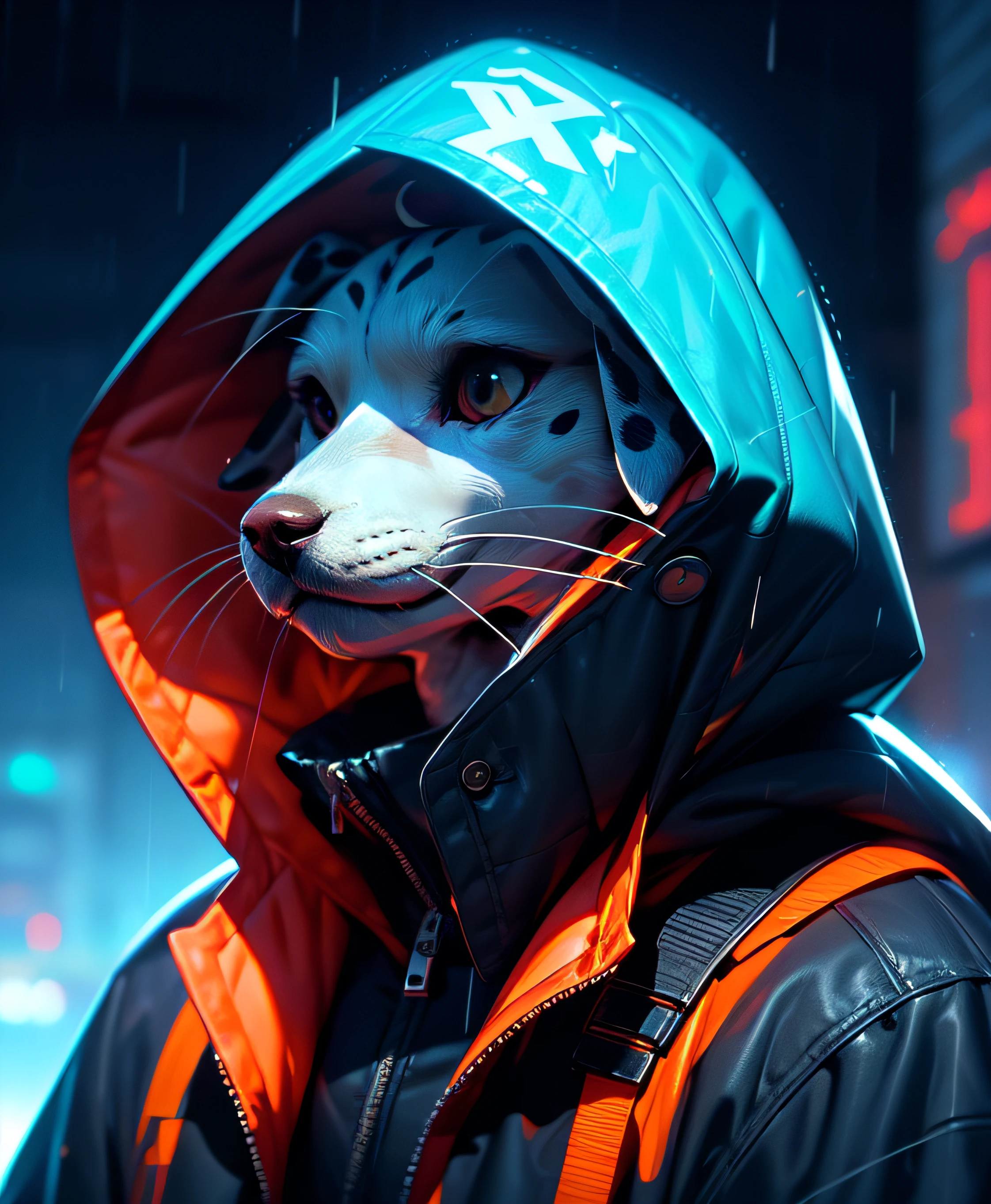 masutepiece, Best Quality, Solo, Rain, hoods, Furry, Hood Up, Jacket, Upper body, hooded jacket, Closed mouth, whiskers, raincoat, Dalmatian dog, Furry, Sagged ears, brue eyes, Portrait,masutepiece, Best Quality,Black trench coat，Orange pattern，White mask，Cyberpunk Personality