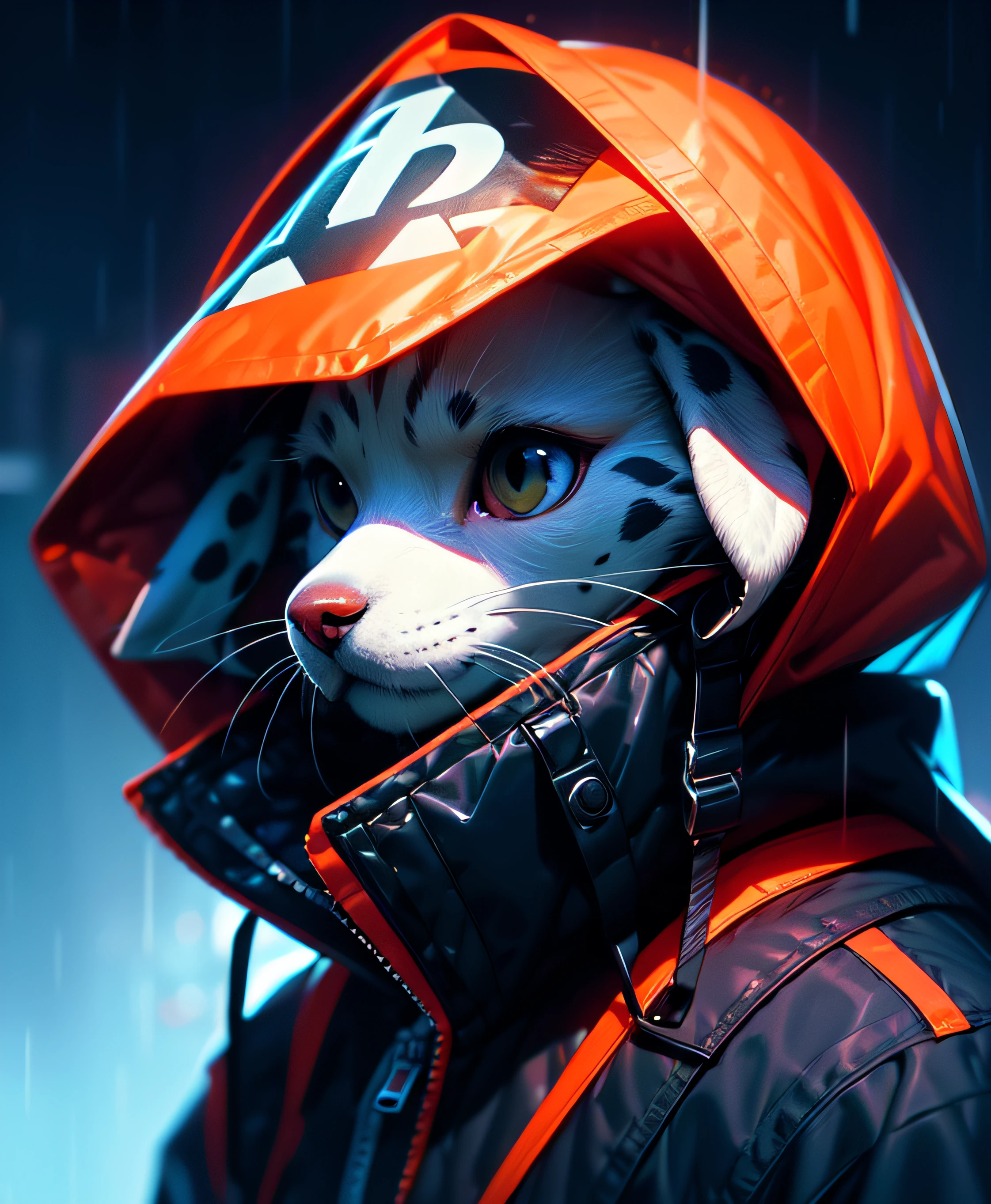 masutepiece, Best Quality, Solo, Rain, hoods, Furry, Hood Up, Jacket, Upper body, hooded jacket, Closed mouth, whiskers, raincoat, Dalmatian dog, Furry, Sagged ears, brue eyes, Portrait,masutepiece, Best Quality,Black trench coat，Orange pattern，White mask，Cyberpunk Personality