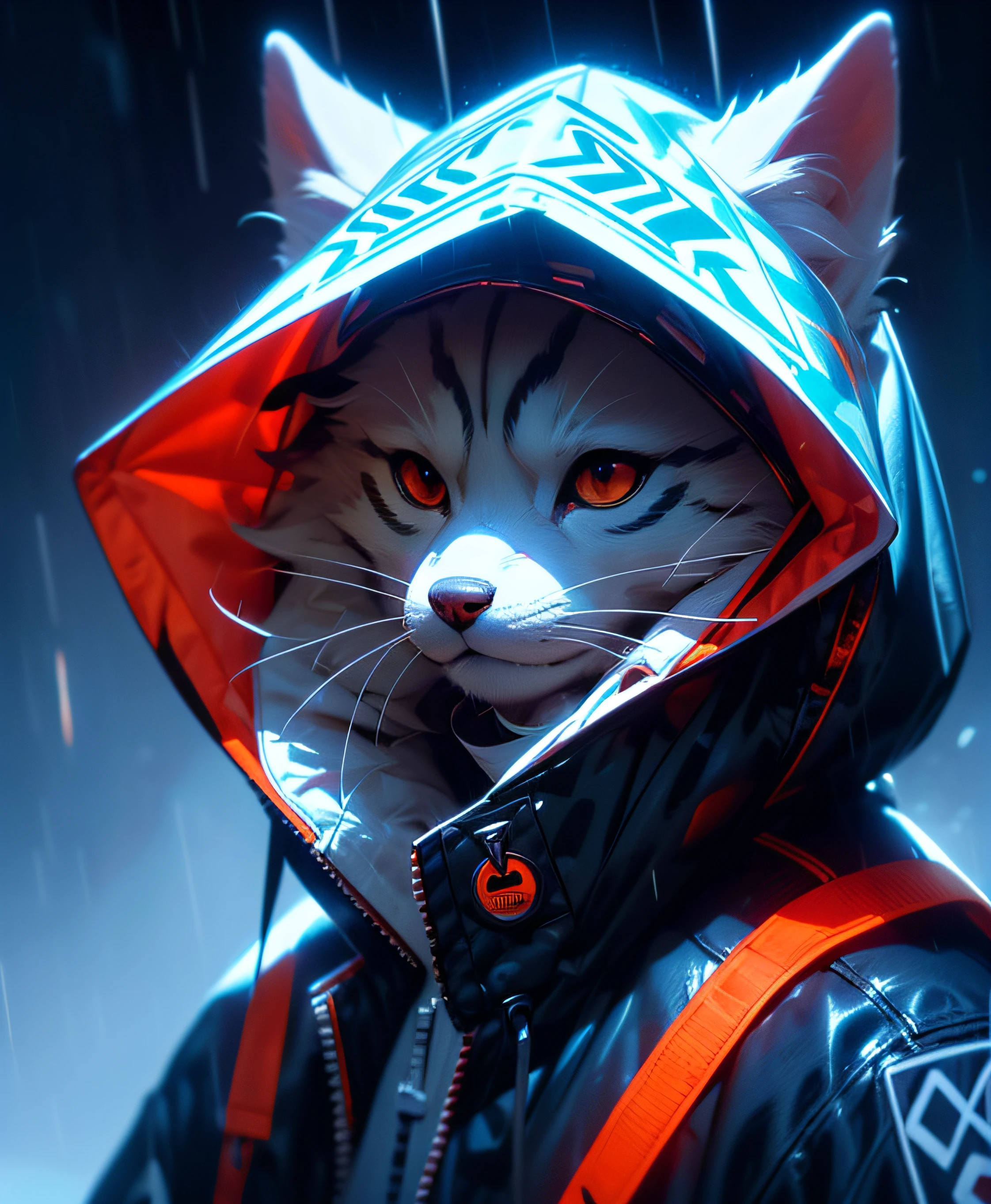 masutepiece, Best Quality, Solo, Rain, hoods, Furry, Hood Up, Jacket, Upper body, hooded jacket, Closed mouth, whiskers, raincoat, Siberian Husky Dog, Furry, Sagged ears, brue eyes, Portrait,masutepiece, Best Quality,Black trench coat，Orange pattern，White mask，Cyberpunk Personality