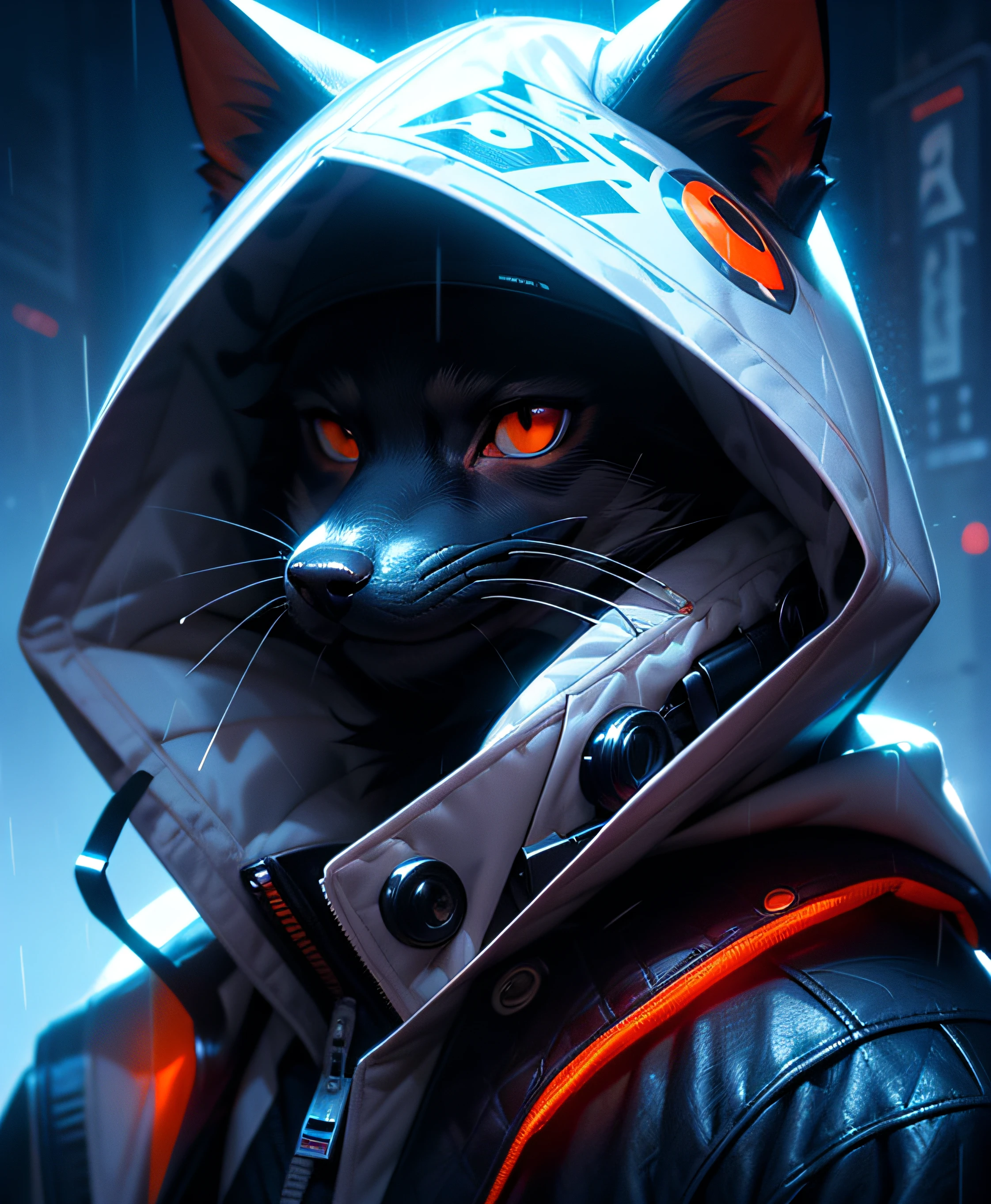 masutepiece, Best Quality, Solo, Rain, hoods, Furry, Hood Up, Jacket, Upper body, hooded jacket, Closed mouth, whiskers, raincoat, Doberman dog, Furry, Sagged ears, brue eyes, Portrait,masutepiece, Best Quality,Black trench coat，Orange pattern，White mask，Cyberpunk Personality