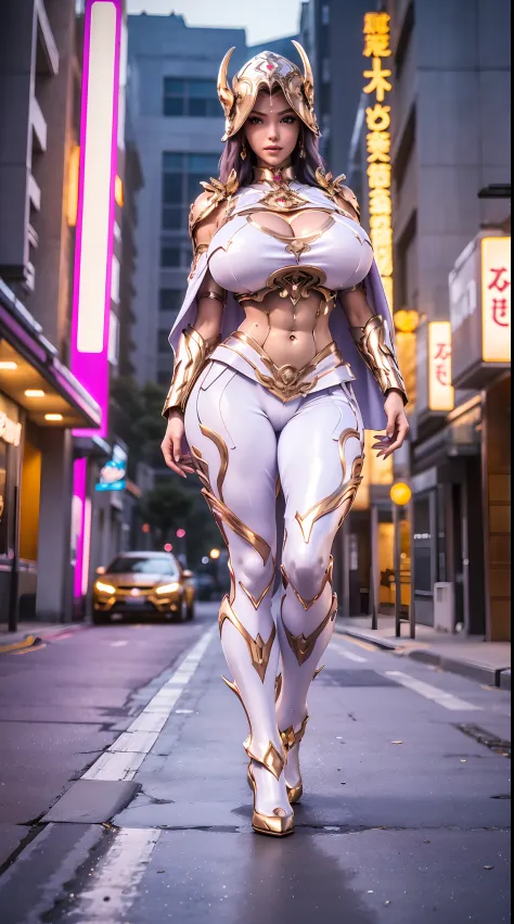 1GIRL, SOLO, (DRAGON HORN HELMET), (HUGE FAKE BOOBS:1.3), (WHITE, GOLD, PURPLE), (FUTURISTIC MECHA CROP TOP, EMPRESS CLOAK, CLEAVAGE:1.4), (SKINTIGHT YOGA PANTS, HIGH HEELS:1.2), (SEXY BODY, MUSCLE ABS, LONG LEGS, FULL BODY VIEW:1.5), (LOOKING AT VIEWER:1....