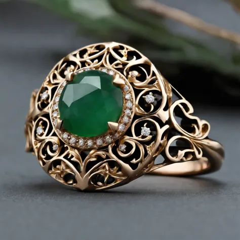 (Ring art design,Pentagram pattern,Detailed jewelry design,Art Nouveau,dynamic art,Contemporary art:1.45),(Berlin black iron jewelry in Victorian Gothic style,Elaborate carved diamonds, Gold thread and jade ring,Hollow plant shape metal carving,Intricate,i...