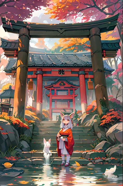 Fox Woman、body covered with fur、huge-breasted、kawaii、shrine maiden、Japan white clothes,Red Hakama、torii gate,((High Position))、A...