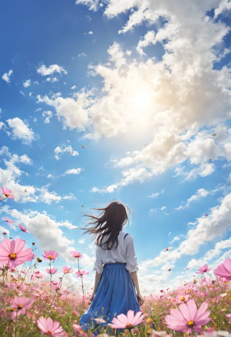Lonely flowers and blue sky、Autumn sky and beautiful cosmos flowers、Landscape photo of the vast cosmos flower field、（View from b...