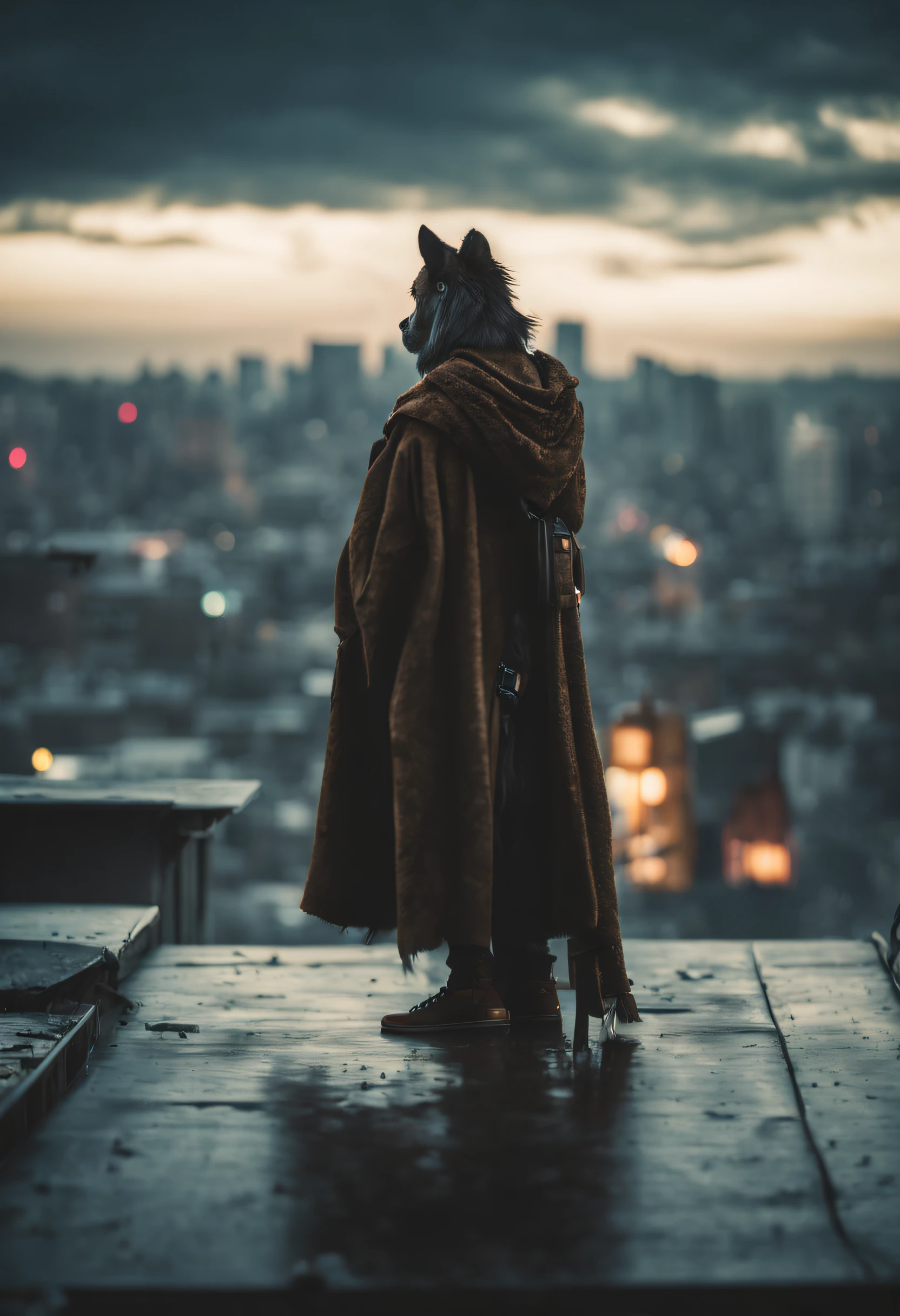 G-Wise Style, 1 wolf, Solo,On the roof of a building、 Samurai, full body Esbian, (long_focus:1.6),Cityscape, nigh sky, Blurry background, depth of fields, Bokeh, Cinema Lighting, Dark theme, Sateen, Film grain, nffsw、(8K、Raw photography、top-quality、​masterpiece:1.2)、(realisitic、photoRealstic:1.3)、nffsw、Depth of field is deep、Wide light、highcontrast、(light glow:1.4)、chromatic abberation、foco nítido、RAW color photo、Film Still、lighting like a movie、8K resolution、(Willem Haenraetz Style:1.4)