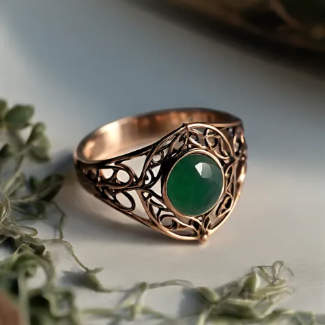 (Ring art design,Pentagram pattern,Simple jewelry design,Art Nouveau,dynamic art,Contemporary art:1.45),(Berlin black iron jewelry in Victorian Gothic style, Gold thread and jade ring,Hollow plant shape metal carving,Intricate,ironwork,Handmade,Romantic en...