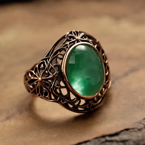 (Ring art design,Pentagram pattern,Simple jewelry design,Art Nouveau,dynamic art,Contemporary art:1.45),(Berlin black iron jewelry in Victorian Gothic style, Gold thread and jade ring,Hollow plant shape metal carving,Intricate,ironwork,Handmade,Romantic en...