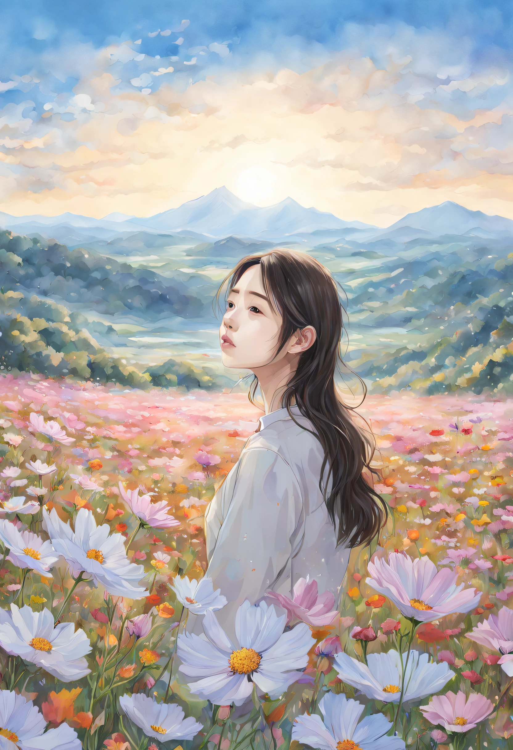 (PEPencilDrawing:1.4), Lonely flowers and blue sky、Autumn sky and beautiful cosmos flowers、Landscape photo of the vast cosmos flower field、（View from below with a view of the sky and the wilderness below）、Girl looking up at blue sky、Draw a big picture of the sky、masutepiece、top-quality