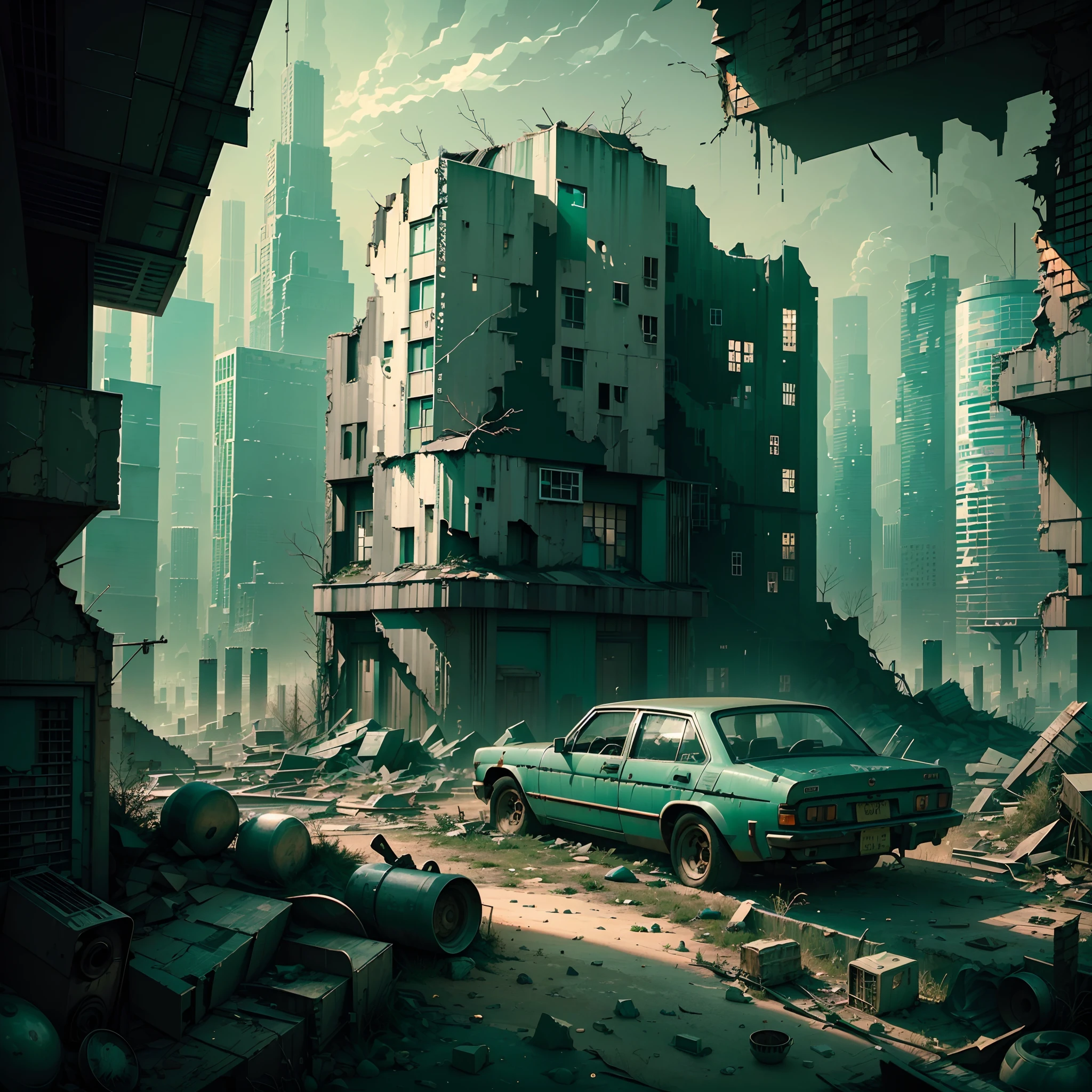 (Gray-green color scheme:1.4)In a post-apocalyptic metropolis, The remains of a huge city lie in ruins, Similar to the pixelated gameplay style. Capture the view through the drone's perspective, Provides a unique fisheye lens effect. The atmosphere is full of nostalgic cyberpunk vibe, Dilapidated cars and buildings are intertwined in a mesmerizing display. The city is bathed in neon lights, Cast an eerie glow on particles of floating dust that fill the air. In the midst of desolation, Nature endures, Plants slowly regain their urban landscape with their continuous growth. The scene is a fascinating blend of futurism and decay, Create a surreal world，Remnants of the past merge with the possibilities of a new future.