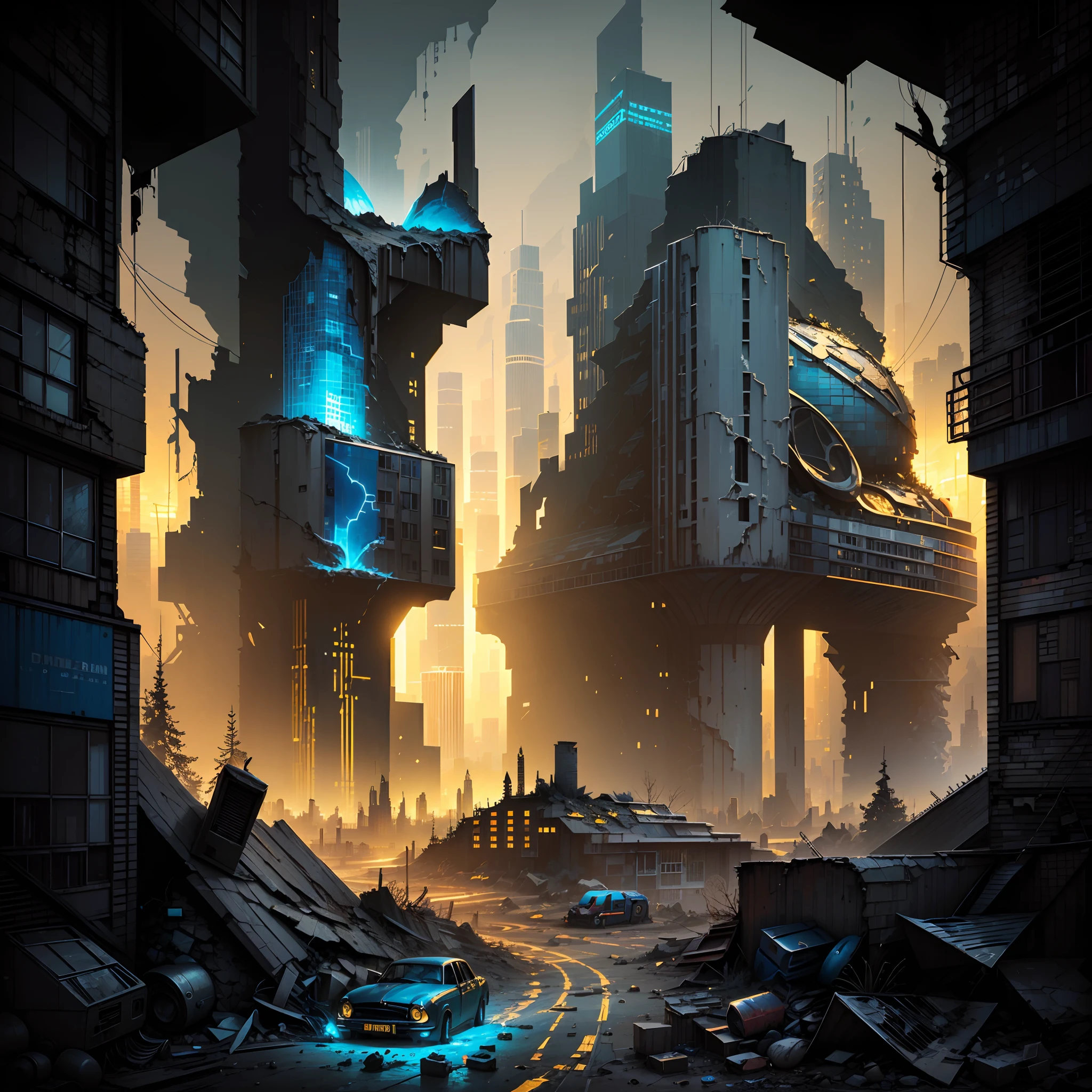 (Gray-red,blue-gold,color scheme:1.4)In a post-apocalyptic metropolis, The remains of a huge city lie in ruins, Similar to the pixelated gameplay style. Capture the view through the drone's perspective, Provides a unique fisheye lens effect. The atmosphere is full of nostalgic cyberpunk vibe, Dilapidated cars and buildings are intertwined in a mesmerizing display. The city is bathed in neon lights, Cast an eerie glow on particles of floating dust that fill the air. In the midst of desolation, Nature endures, Plants slowly regain their urban landscape with their continuous growth. The scene is a fascinating blend of futurism and decay, Create a surreal world，Remnants of the past merge with the possibilities of a new future.